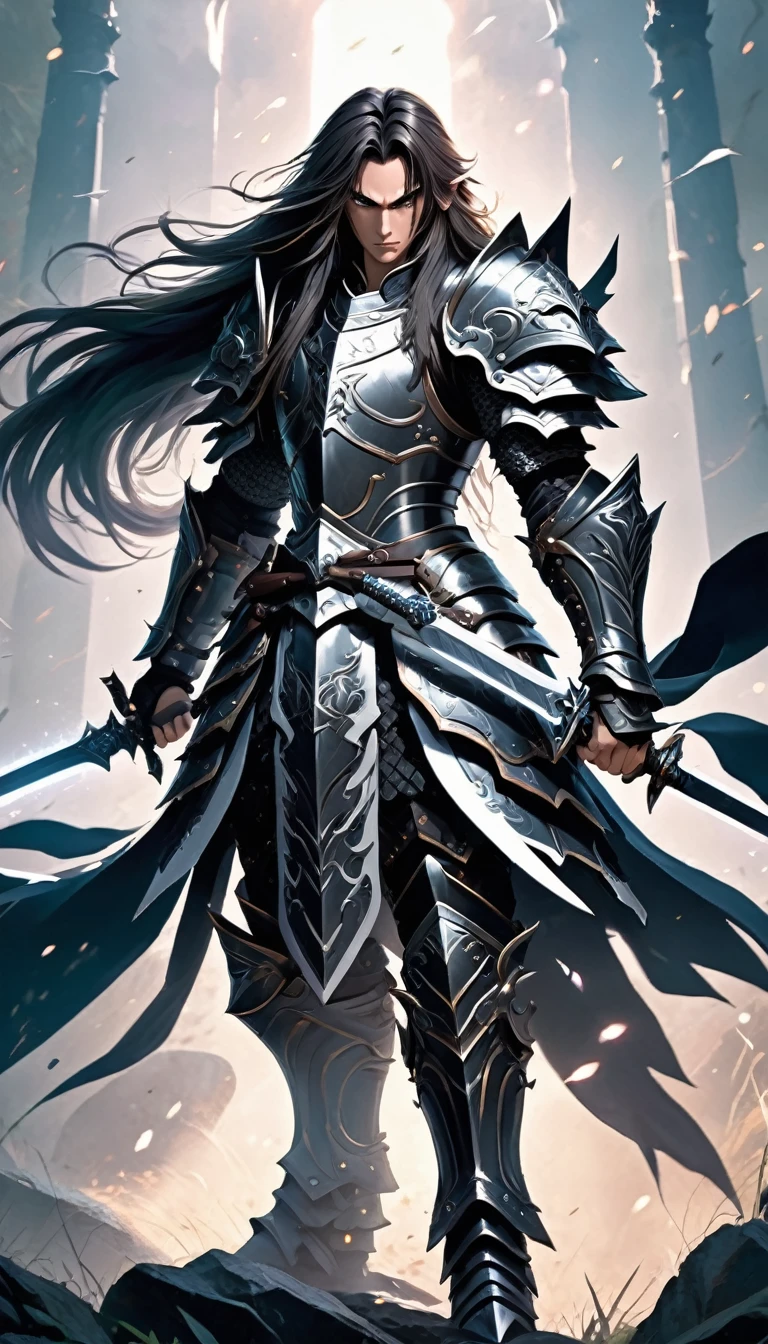 anime fantasy art style, a warrior with long hair, wearing stylish armor complete with black metal plates with white details, wielding two magic swords, the warrior positions himself to fight. Detailed design, high quality, dynamic light, cinematic BG