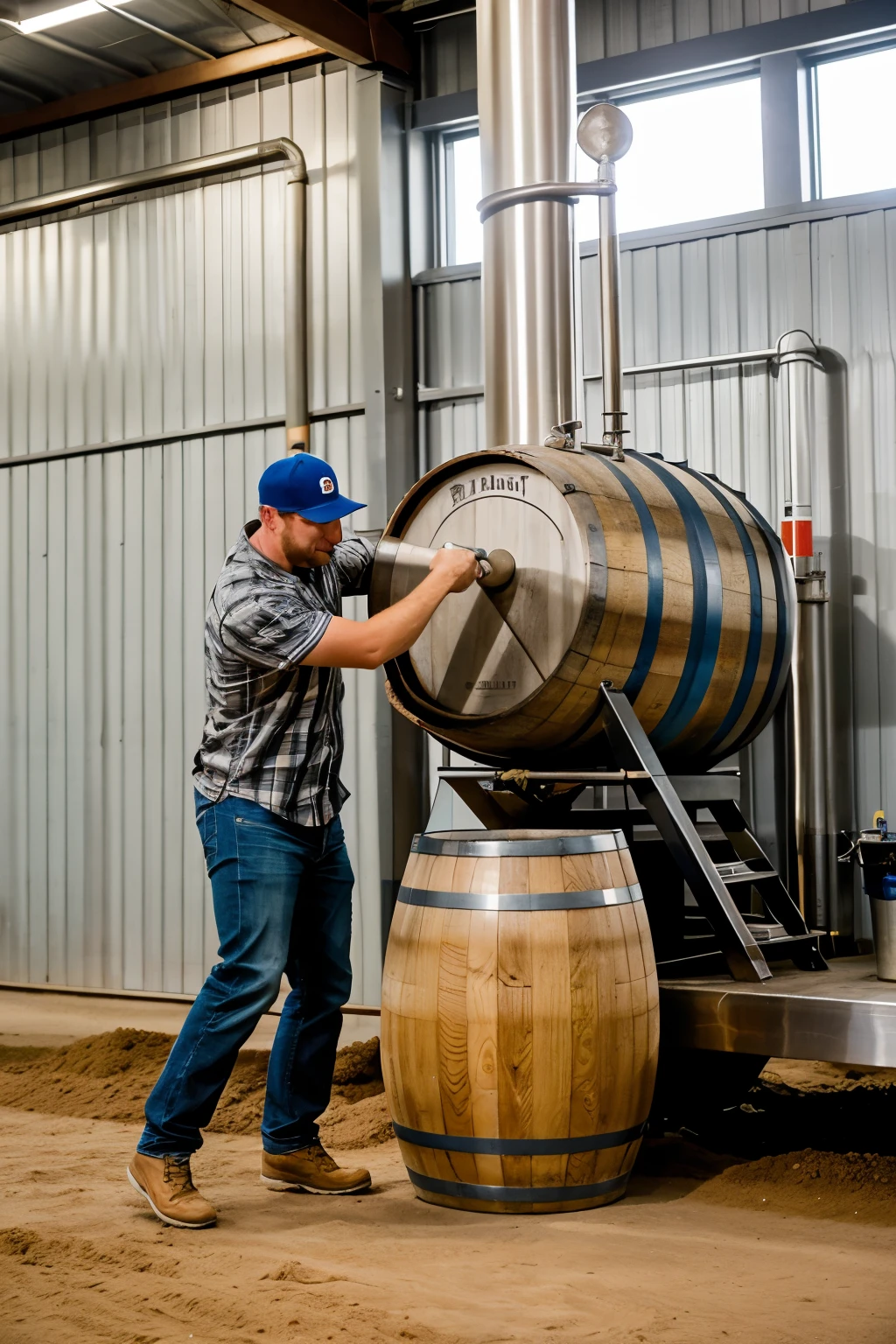 brewer hitting a 60 liter barrel with a mash shovel, both made of stainless steel material, The hit to the barrel must simulate as if it were a drum