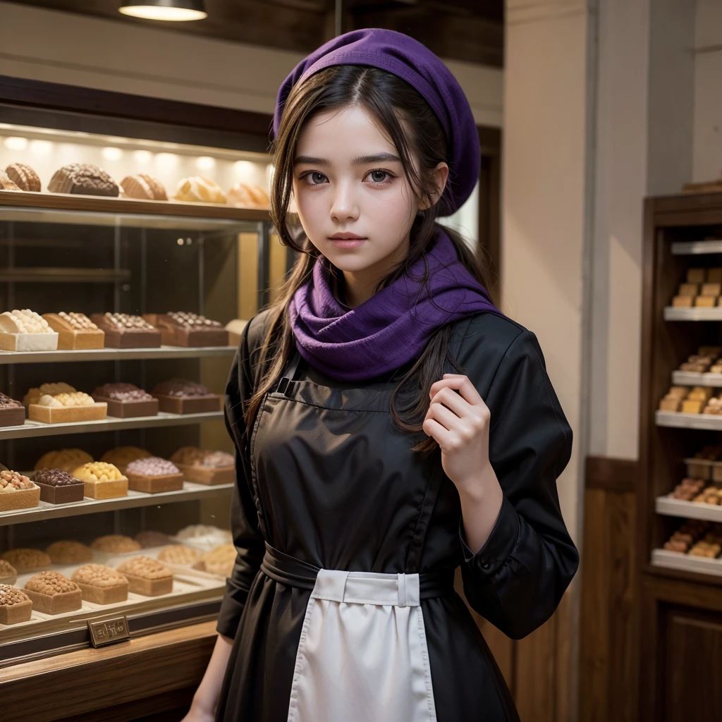 work of art, best qualityer, a young baker wearing a black dress and purple scarf, stop at Del confectionery