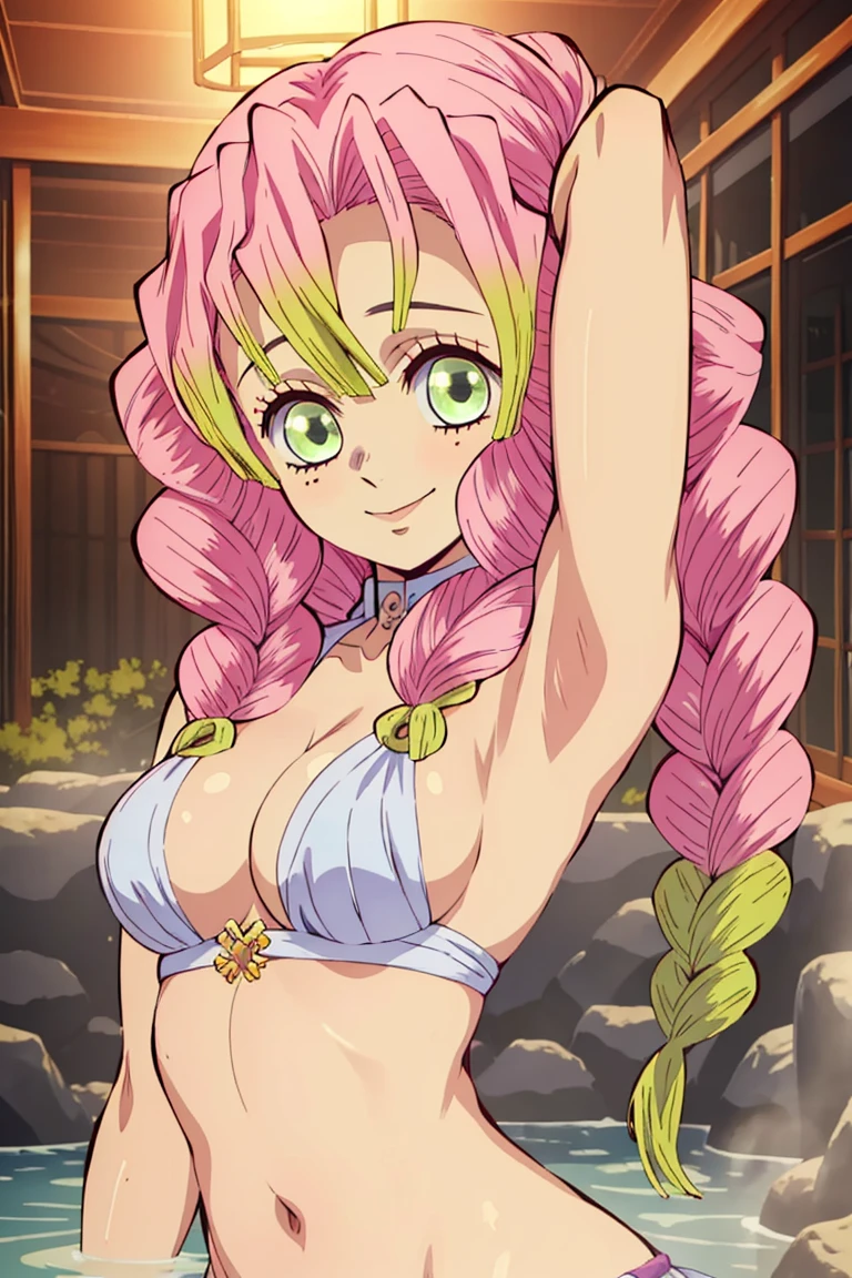 (A masterpiece of art, best quality specialist), 1 girl, Mitsuri Kanroji, Dazzling, bathing, , smile, another, another, Armpits