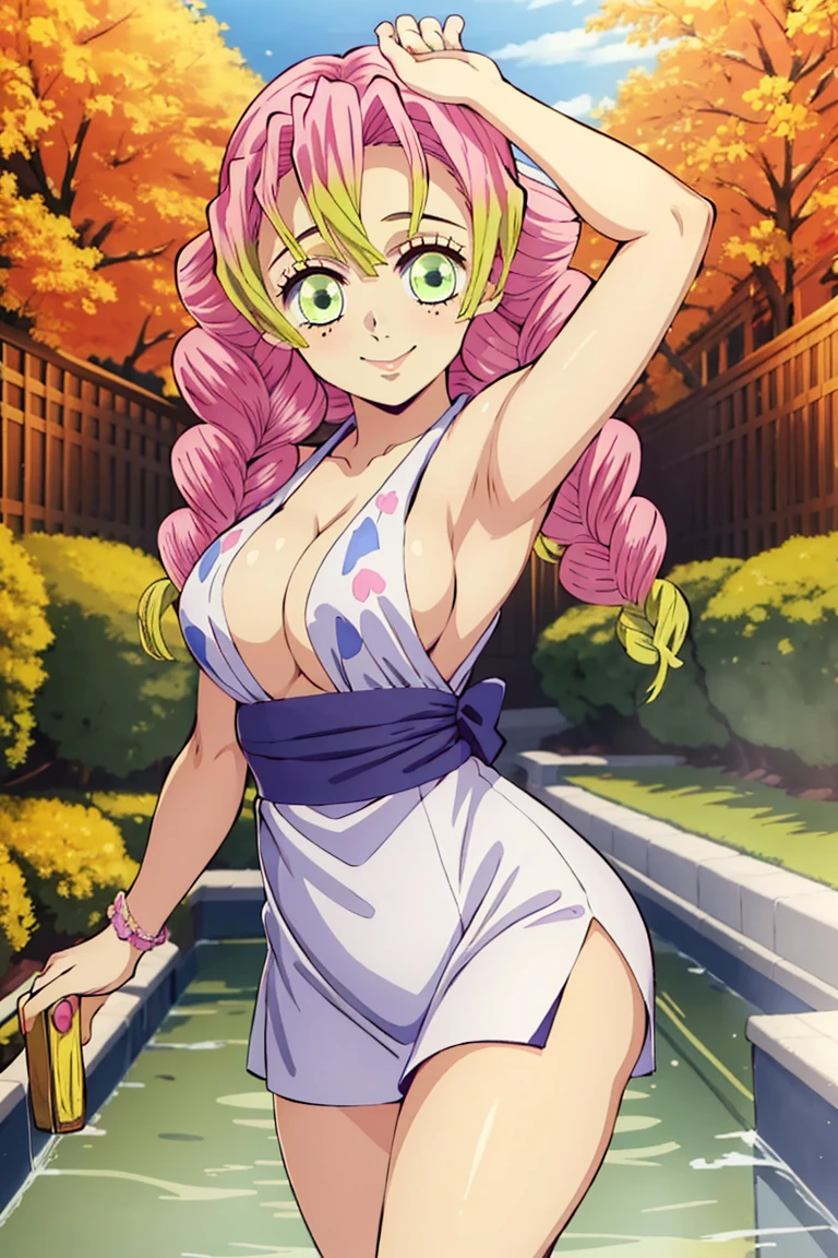 (A masterpiece of art, best quality specialist), 1 girl, Mitsuri Kanroji, Dazzling, bathing, , smile, another, another, Armpits