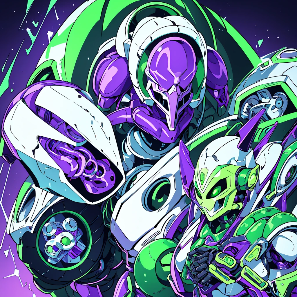 Create an entity. She has a mechanical appearance, with a metallic humanoid body in purple and green colors. Its head is shaped like a helmet, its jaw shaped like a skull, and a metallic horn on the top. Behind, there is a completely white background 