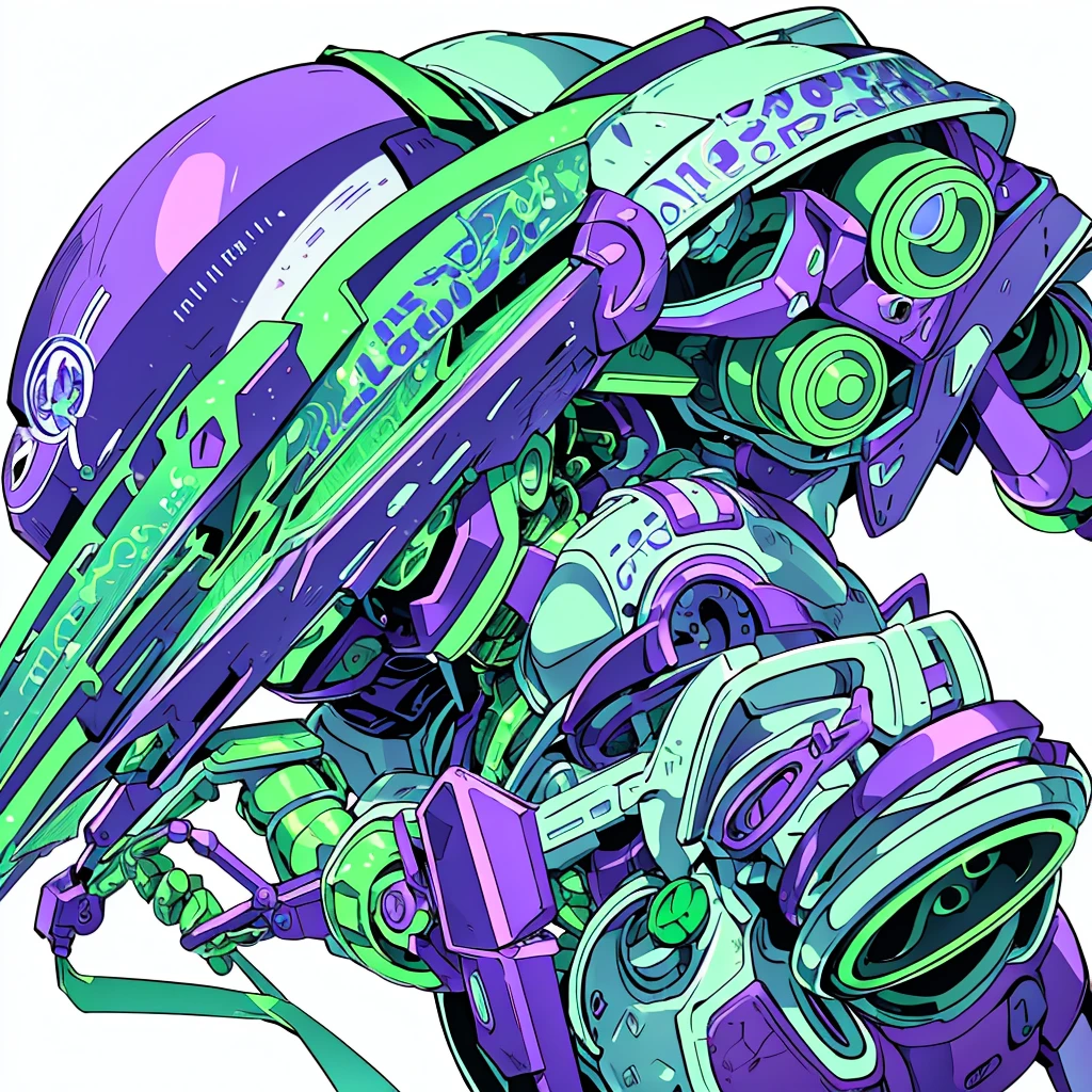 Create an entity. She has a mechanical appearance, with a metallic humanoid body in purple and green colors. Its head is shaped like a helmet, its jaw shaped like a skull, and a metallic horn on the top. Behind, there is a completely white background 