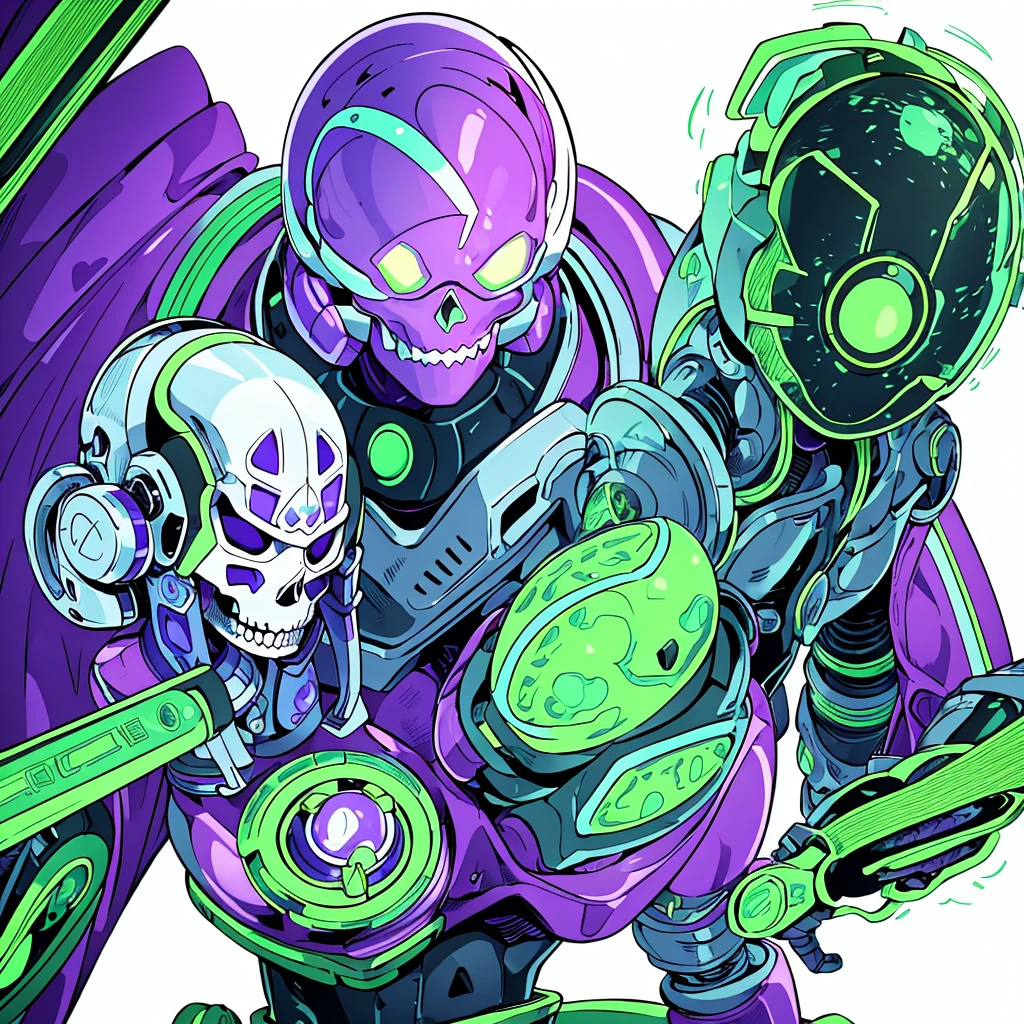 Create an entity. She has a mechanical appearance, with a metallic humanoid body in purple and green colors. Its head is shaped like a helmet, its jaw shaped like a skull, and a metallic horn on the top. Behind, there is a completely white background 