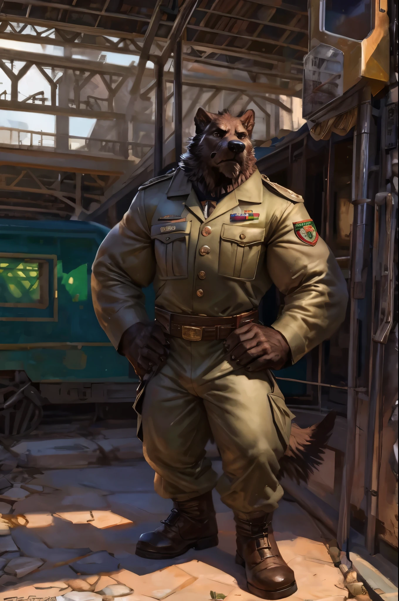 By Taran Fiddler, one man, anthro canine (irish wolfhound), brown fur, dilf, wrinkly face, sad and melancholic look, bushy eyebrows, wearing trench world war one uniform, hands to his hips, stern facial expression, grumpy, standing infront of a 1919 train station leaning on the wall looking forward crestfallen, in midnight