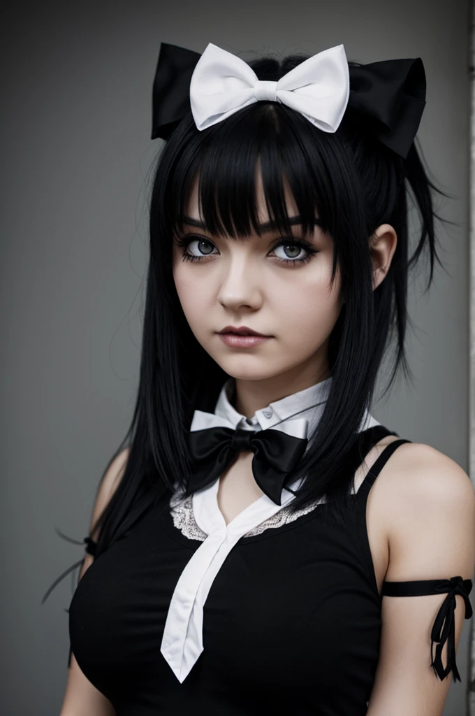 A gothic emo girl with big breasts and short black hair, short and at the same time long hair, red eyed, white , hairless and wearing a black top with a white bow