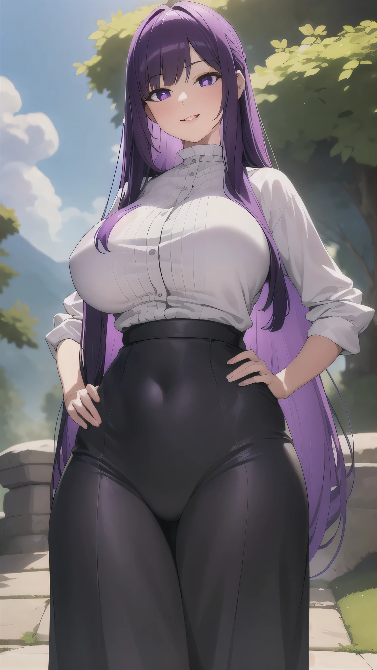 best quality, masterpiece, 1girl, (solo:1.1), raytracing, ultra detailed,detailed face, 8k wallpaper, wide hips, FernNDV, 1girl, purple hair, purple eyes, large breasts, long hair, open clothes, black robe, white shirt, smile, outdoor, hands on hips