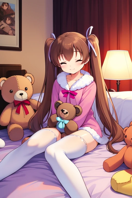 aizawatomomi, 1girl, solo, thighhighs, brown hair, twintails, stuffed toy, stuffed animal, closed eyes, long hair, white thighhighs, ribbon, smile, hair ribbon, bed, teddy bear, sitting, bed, room,
masterpiece, high quality, very_high_resolution, large_filesize, full color,
