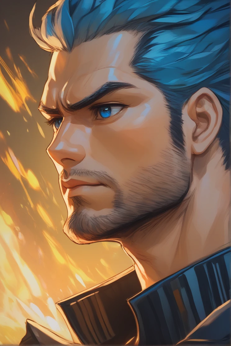 Anime-style 2.5D tom pasrel óleo portrait with a pastel oil painting effect Yasuo lol + Henry Cavill cinematic vibrant gold Black lighting, close-up on a character with detailed shaven head backdrops, piercingly detailed blue big eyes with bright pupils, portrayed in a dynamic pose, full-body with a sultry aesthetic, viewed from a dynamic profile angle gazing at the viewer, wearing detail Batam jaketa with a rocker man personification, wearing
