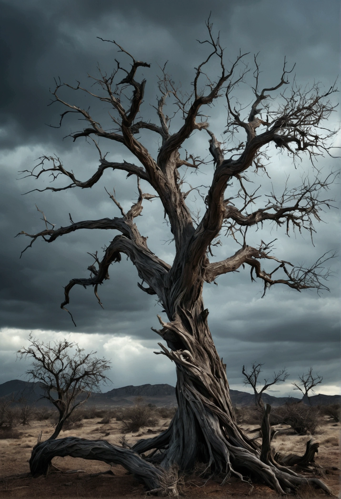 detailed dead tree, multiple dry branches, gnarled twisted branches, barren tree, weathered and decaying, moody atmospheric lighting, muted earthy tones, (best quality,4k,8k,highres,masterpiece:1.2),ultra-detailed,(realistic,photorealistic,photo-realistic:1.37),dark mood,dramatic shadows,desolate landscape,eerie and haunting,gloomy overcast sky,natural lighting,dramatic lighting,muted color palette
