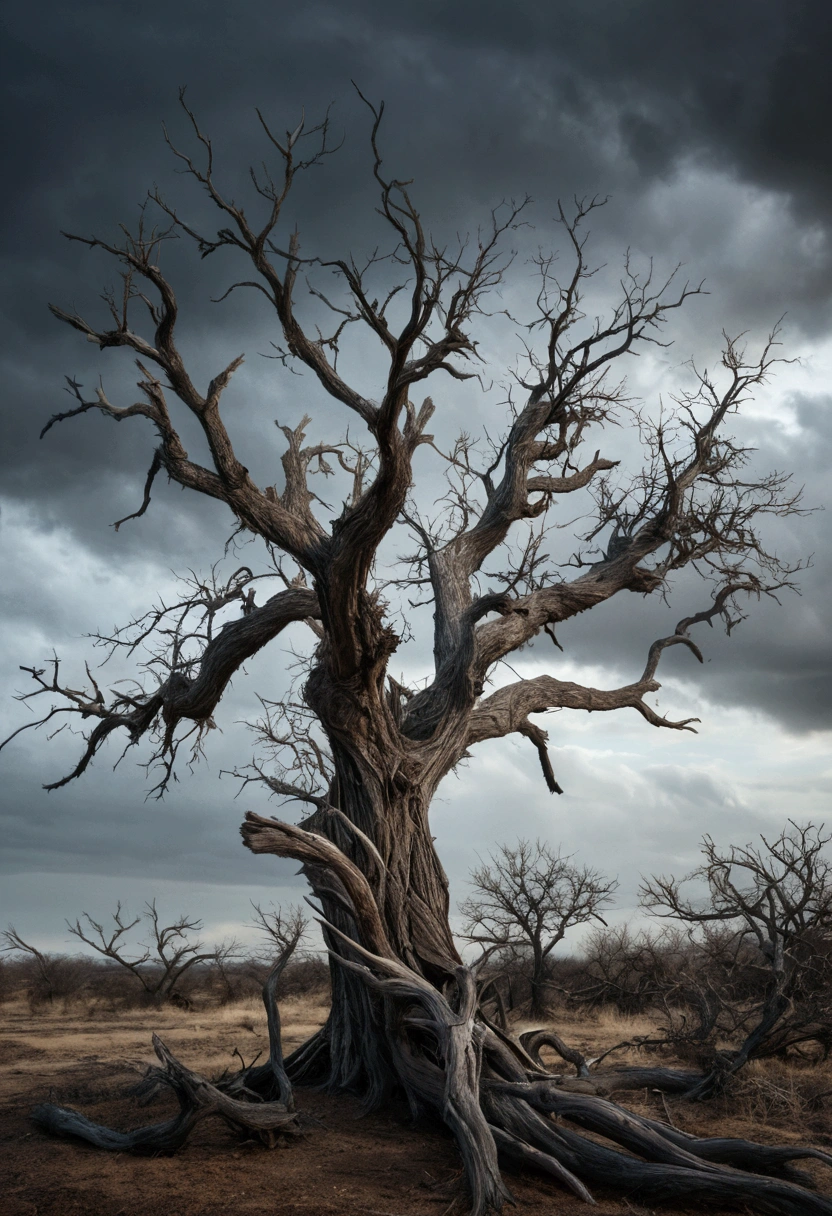 detailed dead tree, multiple dry branches, gnarled twisted branches, barren tree, weathered and decaying, moody atmospheric lighting, muted earthy tones, (best quality,4k,8k,highres,masterpiece:1.2),ultra-detailed,(realistic,photorealistic,photo-realistic:1.37),dark mood,dramatic shadows,desolate landscape,eerie and haunting,gloomy overcast sky,natural lighting,dramatic lighting,muted color palette