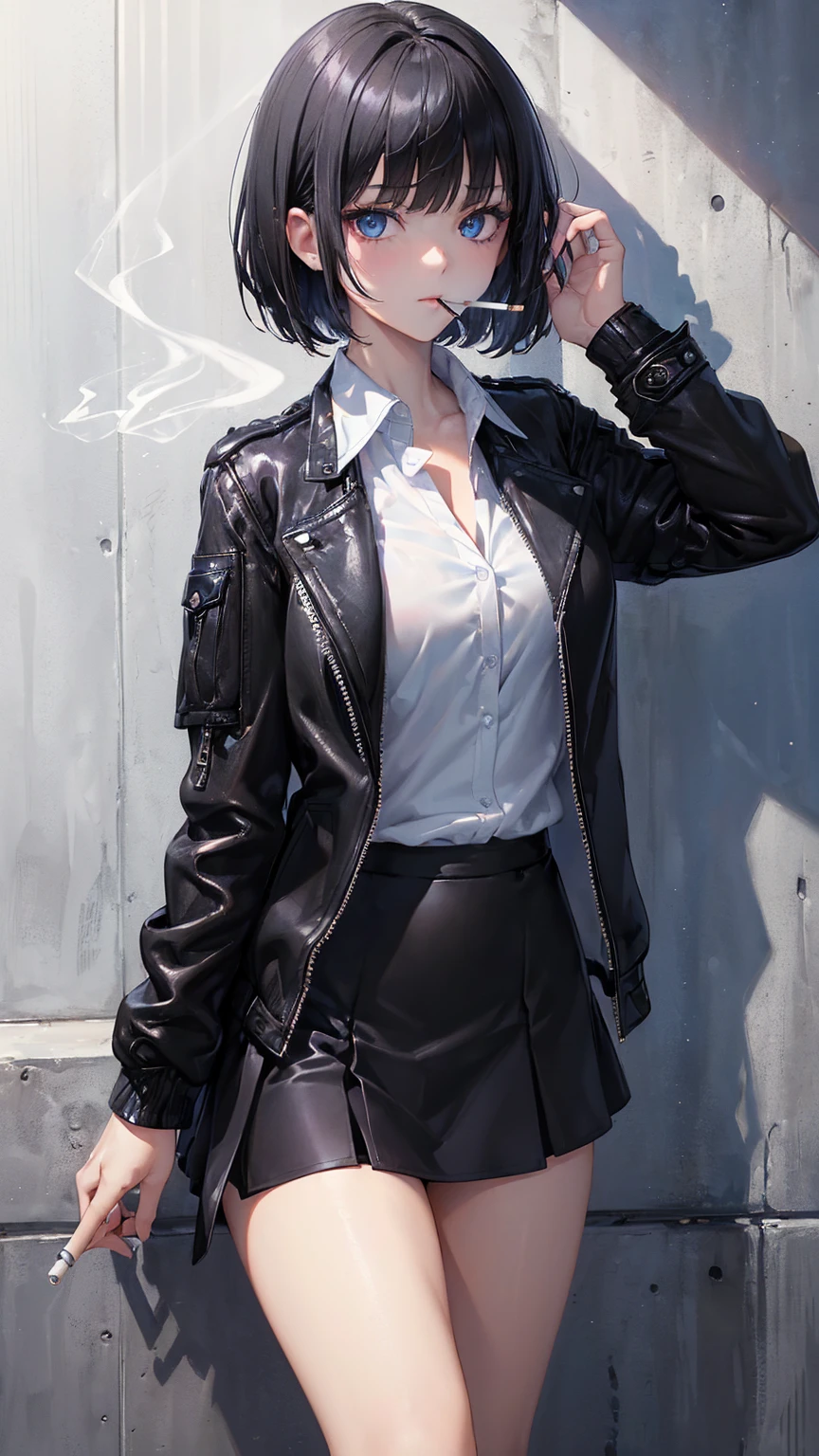 High resolution, Highest quality, super high quality, Ultra-detailed,(A woman holding a cigarette:1.3)、 Bobcut、Black Hair、Blue eyes、Leaning against a wall、(Black Riders Jacket:1.5)、(White inner shirt:1.5)、(Black Mini Skirt:1.3)、Beautiful Skin、Beautiful Face、Beautiful Eyes、It's cool、Just one cigarette、