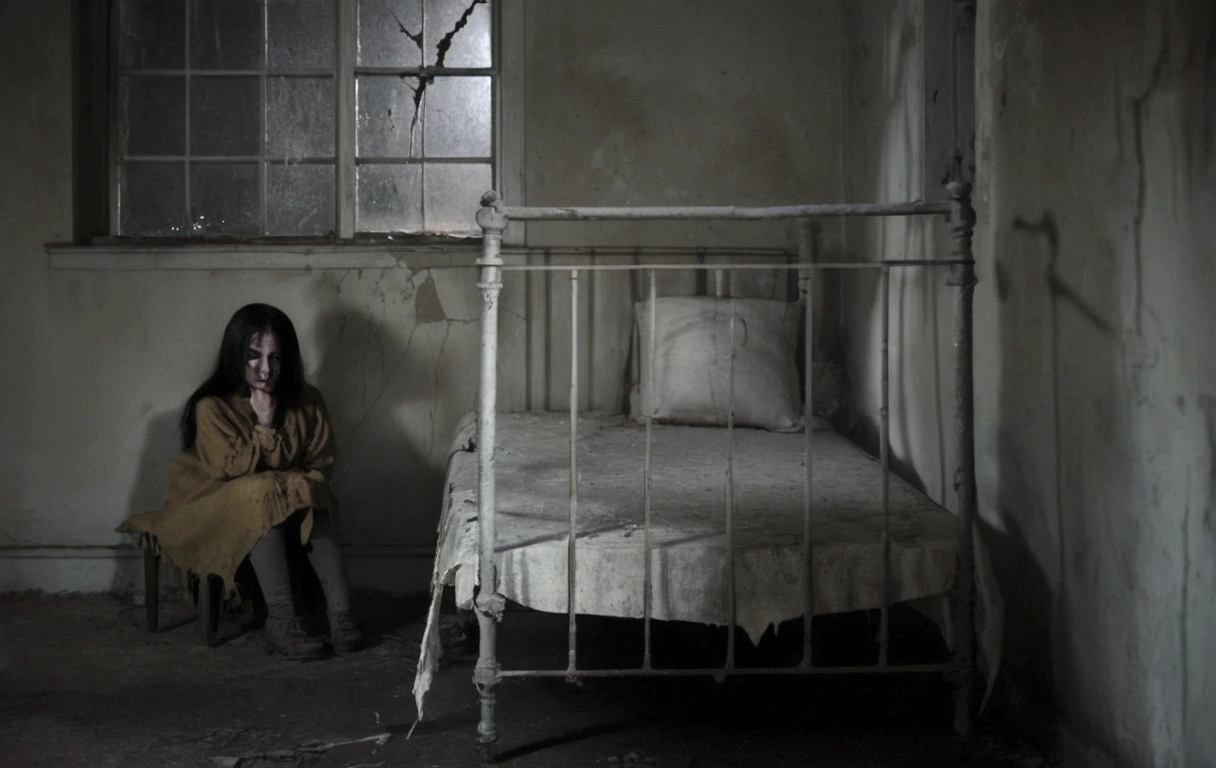 a terrifying haunted house, dark creepy atmosphere, eerie lighting, cobwebs, cracked walls, broken windows, flickering candles, shadows lurking, abandoned and decaying, unsettling presence, haunting spirits, horror elements, cinematic composition, moody dramatic lighting, muted color palette