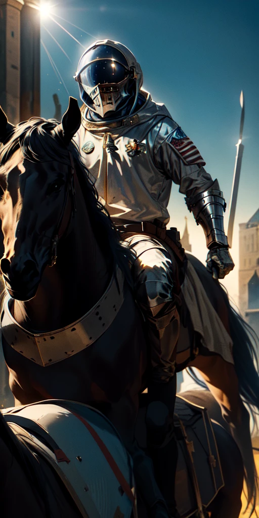 Medieval knight wearing an astronaut helmet, holding a fire sword in his right hand, mounted on a black horse, in the middle of the city, day Of course, Sun shines in the sky, particles in the knight, light in the horse's eyes.