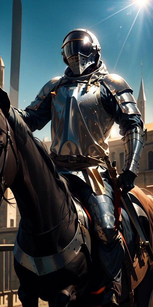 Medieval knight wearing an astronaut helmet, holding a fire sword in his right hand, mounted on a black horse, in the middle of the city, day Of course, Sun shines in the sky, particles in the knight, light in the horse's eyes.