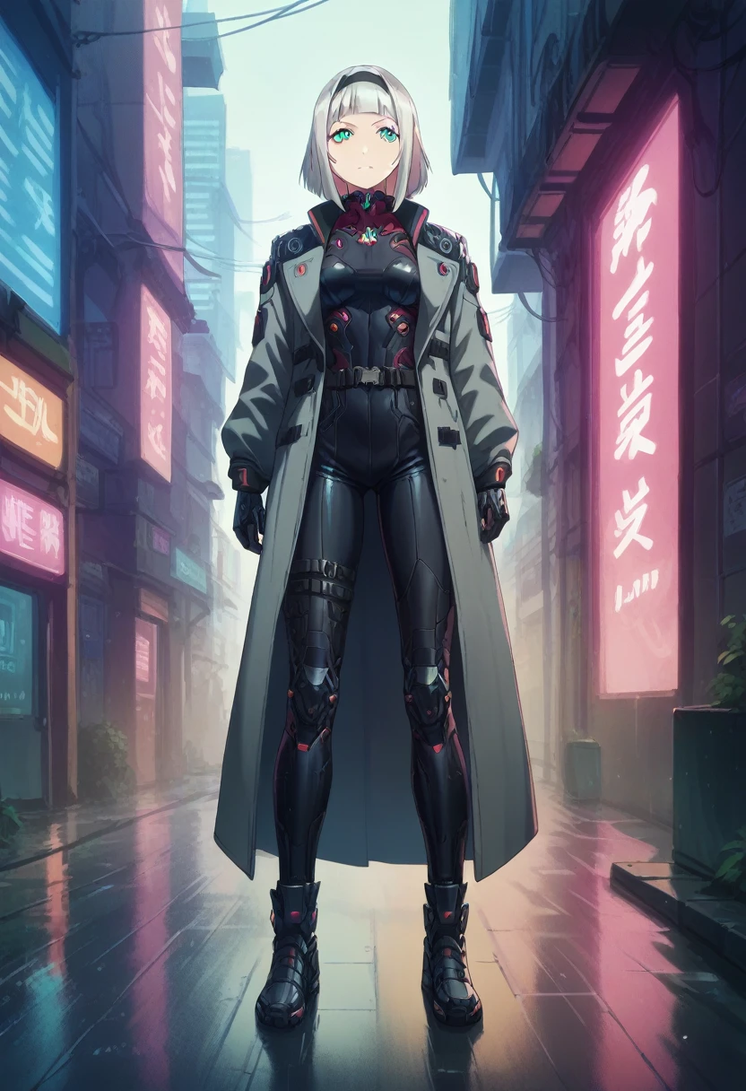 Anna nishikinomiya with the same female body but with black Cyborg armor, from torso to feet, showing the whole body (slim), in a raining alley of a cyberpunk city, while placing a robotic glove on his left hand 