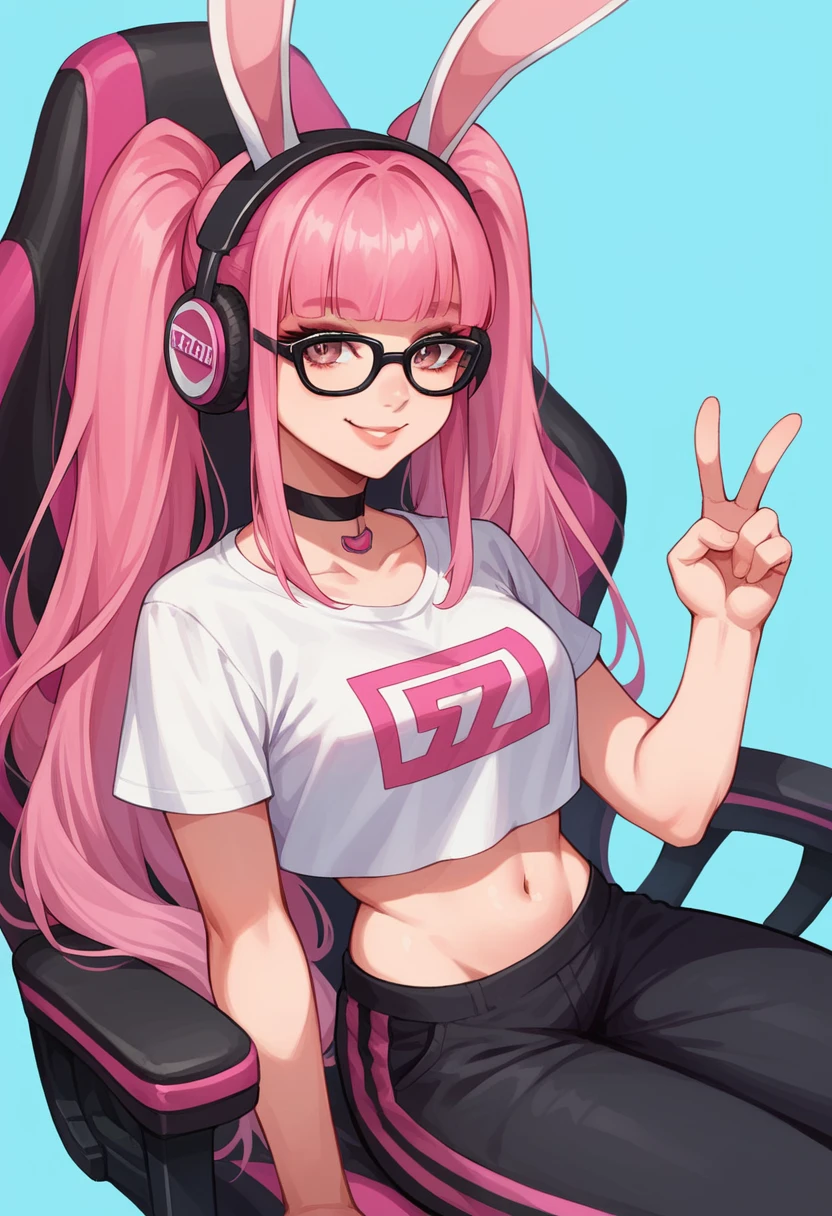 Masterpiece, pink and white gamer headphones, perfect face, smile, vramslace, 1girl, solo, long hair, looking at viewer, bangs, shirt, navel, animal ears, twintails, pink hair, perfect hair, glasses, choker, midriff, pants, blunt bangs, rabbit ears, two-tone hair, lips, crop top, v, blue background, t-shirt, black-framed eyewear, print shirt, sitting, pink racing chair, white racing chair, multicoloured racing chair