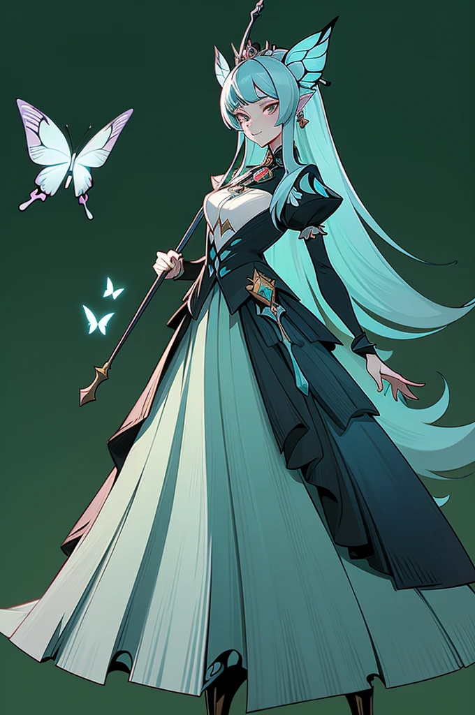 (1 Anthropomorphism of butterflies), (standing upright), (живопись standing upright), 1 Princess，with a staff in his hands, lush pale blue hair, languid look, detailed detailed face, Dynamic lighting, artstation quality, (standing upright)，solo, long skirt，character design, bizarre, chedevr，top quality，Best quality，ultra high resolution，Exquisite facial features