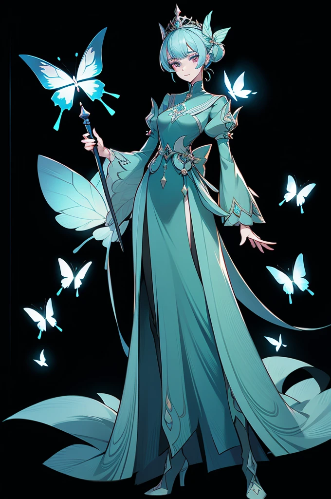 (1 Anthropomorphism of butterflies), (standing upright), (живопись standing upright), 1 Princess，with a staff in his hands, lush pale blue hair, languid look, detailed detailed face, Dynamic lighting, artstation quality, (standing upright)，solo, long skirt，character design, bizarre, chedevr，top quality，Best quality，ultra high resolution，Exquisite facial features