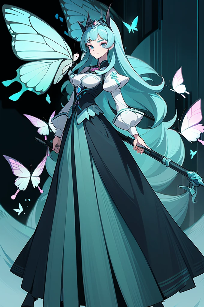 (1 Anthropomorphism of butterflies), (standing upright), (живопись standing upright), 1 Princess，with a staff in his hands, lush pale blue hair, languid look, detailed detailed face, Dynamic lighting, artstation quality, (standing upright)，solo, long skirt，character design, bizarre, chedevr，top quality，Best quality，ultra high resolution，Exquisite facial features