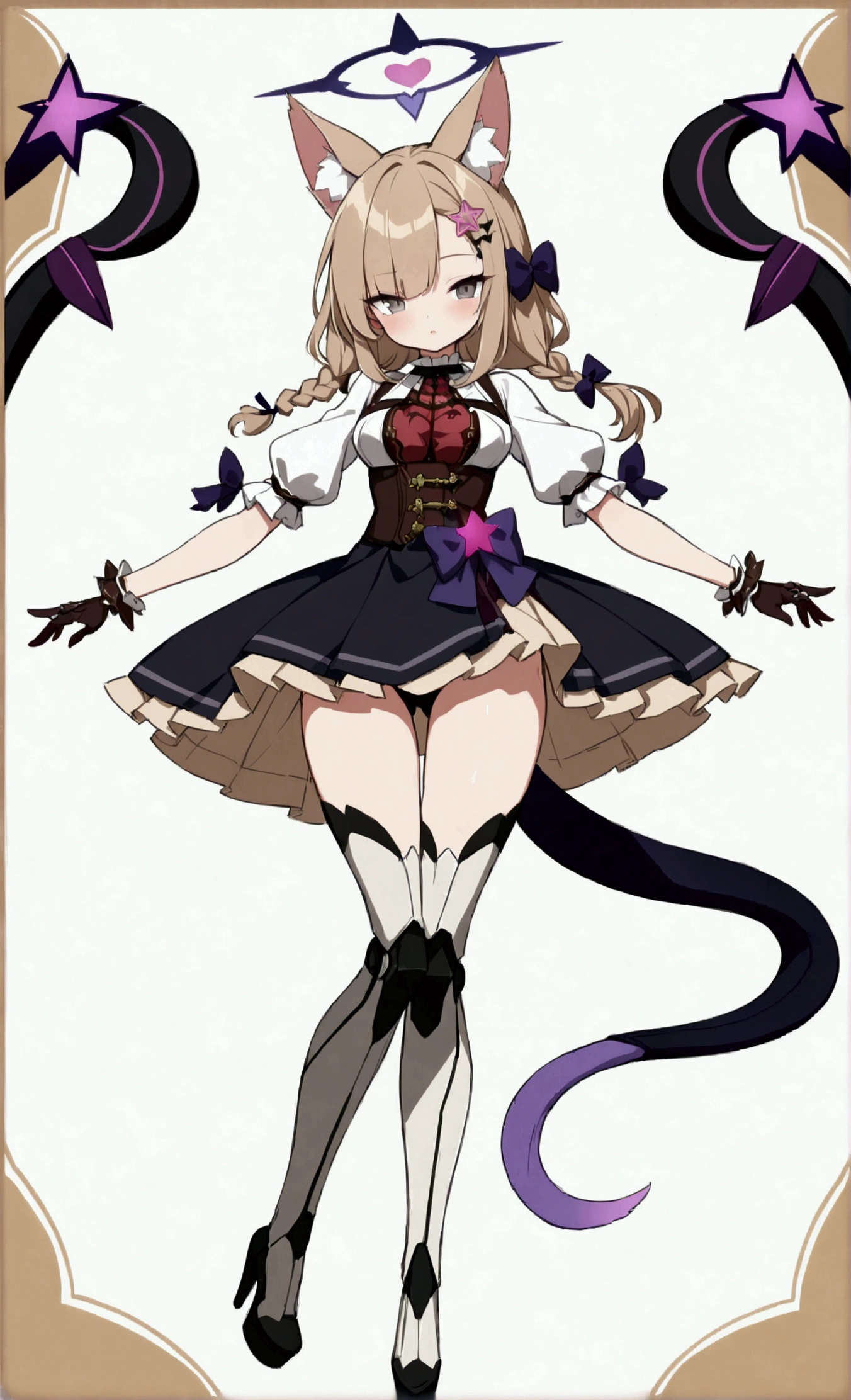 woman 170 cm tall, medium chest, wide hip, slim build, charming look, ((whole body)), (((character design sheet: front view))), (dark blonde hair, ((hip length wavy hair, asymmetrical bangs, star hairpin)), (She has a short braid tied with an elegant purple ribbon on the left side of her hair above her chest), (She has a short braid tied with an elegant purple ribbon on the right side of her hair above her chest), small hair bows at the back of your hair.), ((Gray eyes with a pink 4-pointed star in the pupil.)), (Two black and purple fox ears located on the top of the head.), (Luminous black horizontal halo with purple star patterns above head), He has a black collar with a heart emblem on his neck., (Elegant long one piece dress, Thigh-length lace and ruffle skirt, large bow at the back of the hip, ribbon decorations and star patterns on the dress), black ruffled gloves, Black platform heels, gray belt at the waist with a large ribbon with a luminous pink heart in the middle, ((It has a small succubus tail that ends in the shape of a heart.)), (((It has complex mechanical legs that reach up to the thighs and are black with small purple and red details..))), extremely detailed beautiful hair, beautiful detailed dress, extremely detailed arms, extremely detailed face, (Extremely detailed hands), perfect hands, small face, Beautiful detailed eyes, beautiful detailed lips, adorable, extremely detailed legs, (Best Quality, 4k, high resolution), ultra detailed, Exquisite and epic character art, ((White background)), (Focus on symmetry).