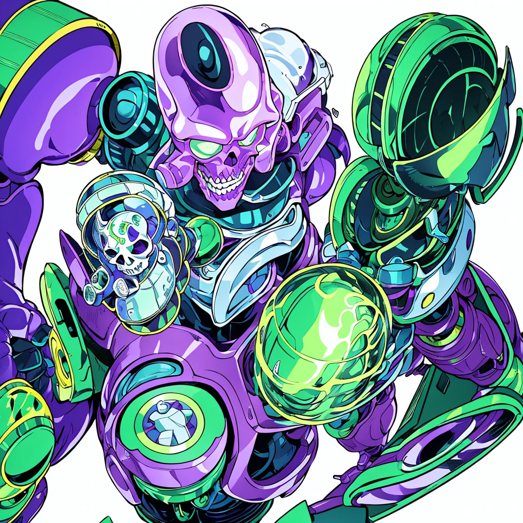 Create an entity. She has a mechanical appearance, with a metallic humanoid body in purple and green colors. Its head is shaped like a helmet, its jaw shaped like a skull, and a metallic horn on the top. Behind, there is a completely white background 