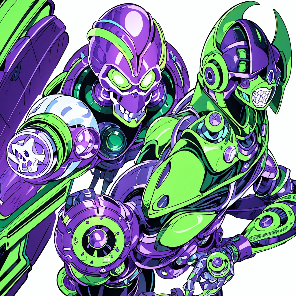 Create an entity. She has a mechanical appearance, with a metallic humanoid body in purple and green colors. Its head is shaped like a helmet, its jaw shaped like a skull, and a metallic horn on the top. Behind, there is a completely white background 