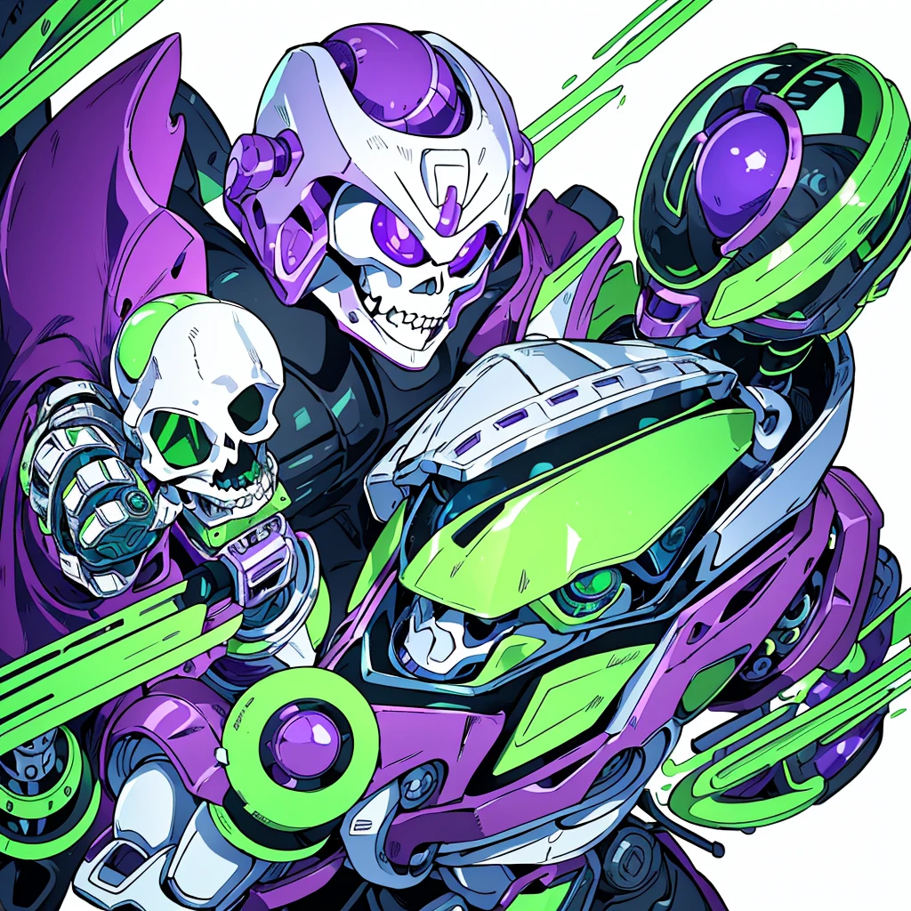 Create an entity. She has a mechanical appearance, with a metallic humanoid body in purple and green colors. Its head is shaped like a helmet, its jaw shaped like a skull, and a metallic horn on the top. Behind, there is a completely white background