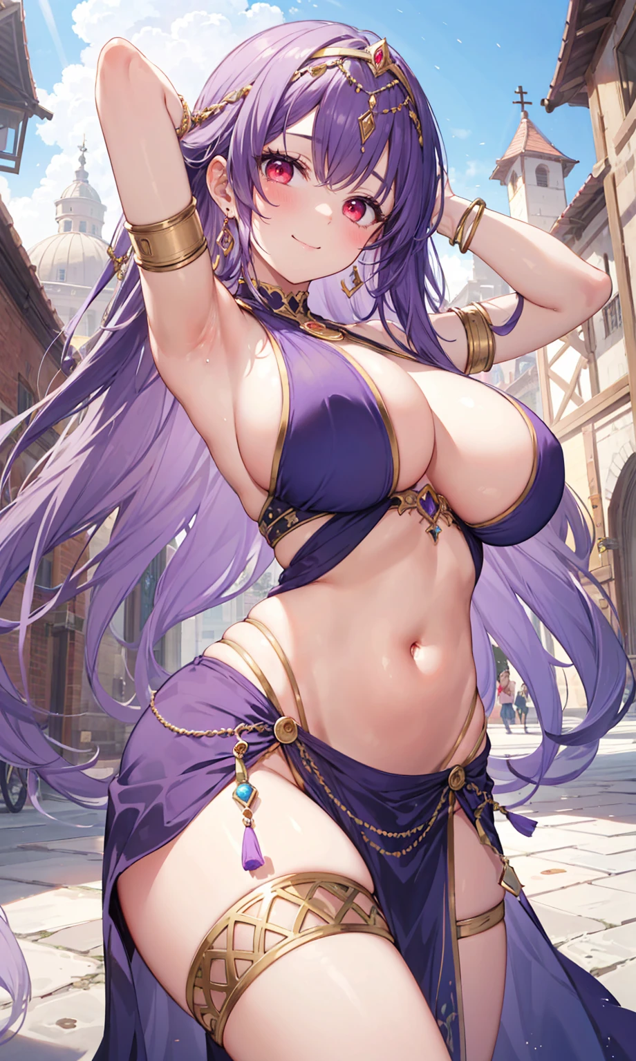 high quality, ultra detailed, best quality, insanely detailed, beautiful, masterpiece, 1girl, medieval plaza, cowboy shot, red eyes, long hair, purple hair, belly dancer, circlet, earrings, armlets, bracelets, bashful smile, large breasts, cleavage, soft stomach