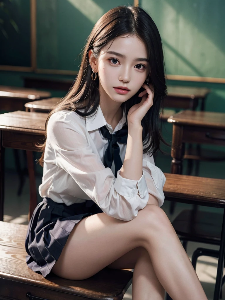 absurdres, RAW photo, extremely delicate and beautiful, masterpiece, Best Quality, ultra high resolution, 32k, hyperrealistic, ultra-detailed, perfect anatomy, super Detailed skin, perfect figure, Super Beauty, Perfect Style, Perfect balance, Beautiful Lighting, Perfect Lightning, Realistic Shadows, 20 years old, very Slim body, narrow waist, very small head, very small face, delicate facial features, handsome detailed woman, very detailed eyes and face, realistic face proportions, Realistic beautiful face, Realistic beautiful eyes, tearful mole, earring, very huge round breasts, legs, medium hair, full body shot, indoor, ((school_uniform)),