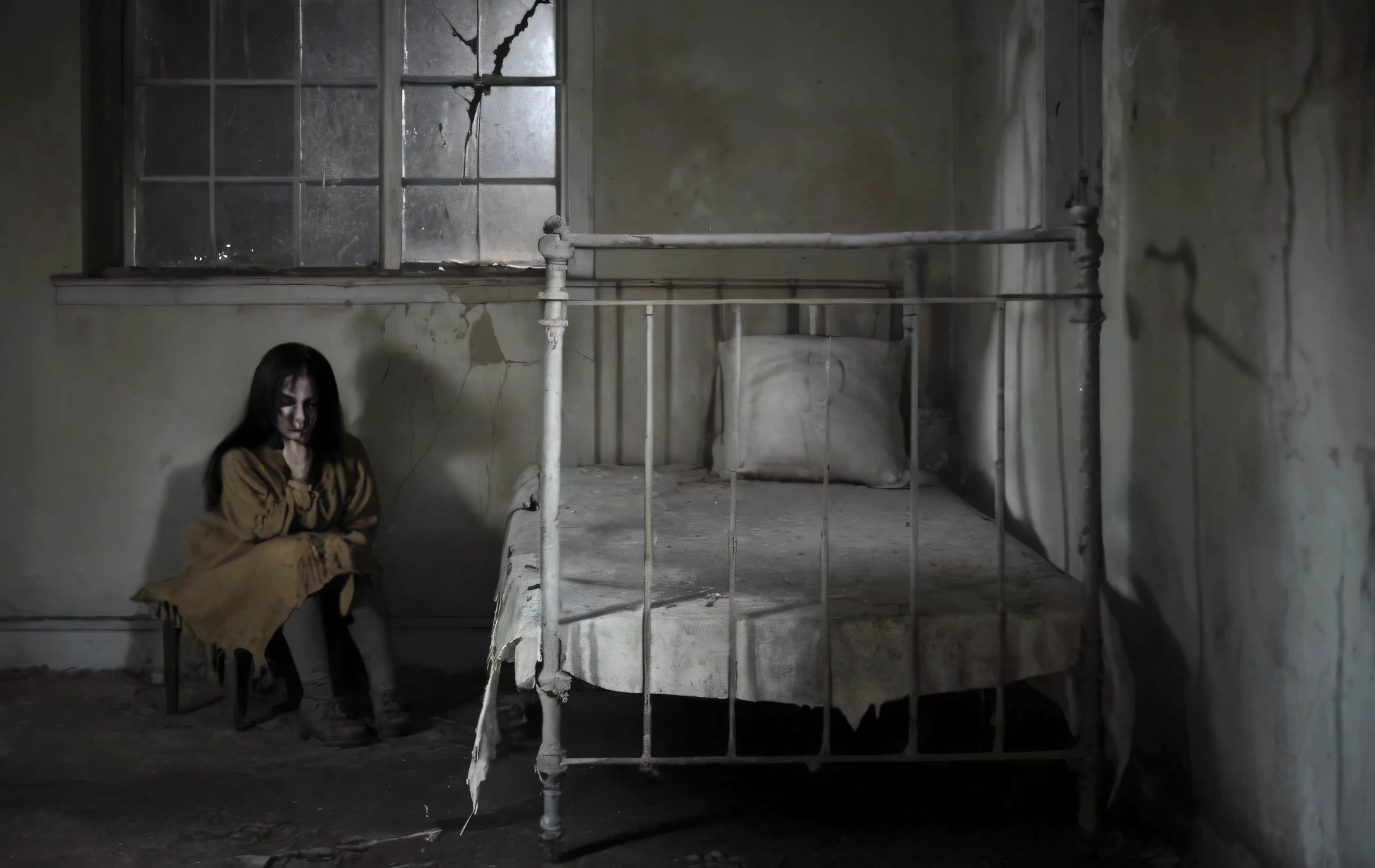 a terrifying haunted house, dark creepy atmosphere, eerie lighting, cobwebs, cracked walls, broken windows, flickering candles, shadows lurking, abandoned and decaying, unsettling presence, haunting spirits, horror elements, cinematic composition, moody dramatic lighting, muted color palette