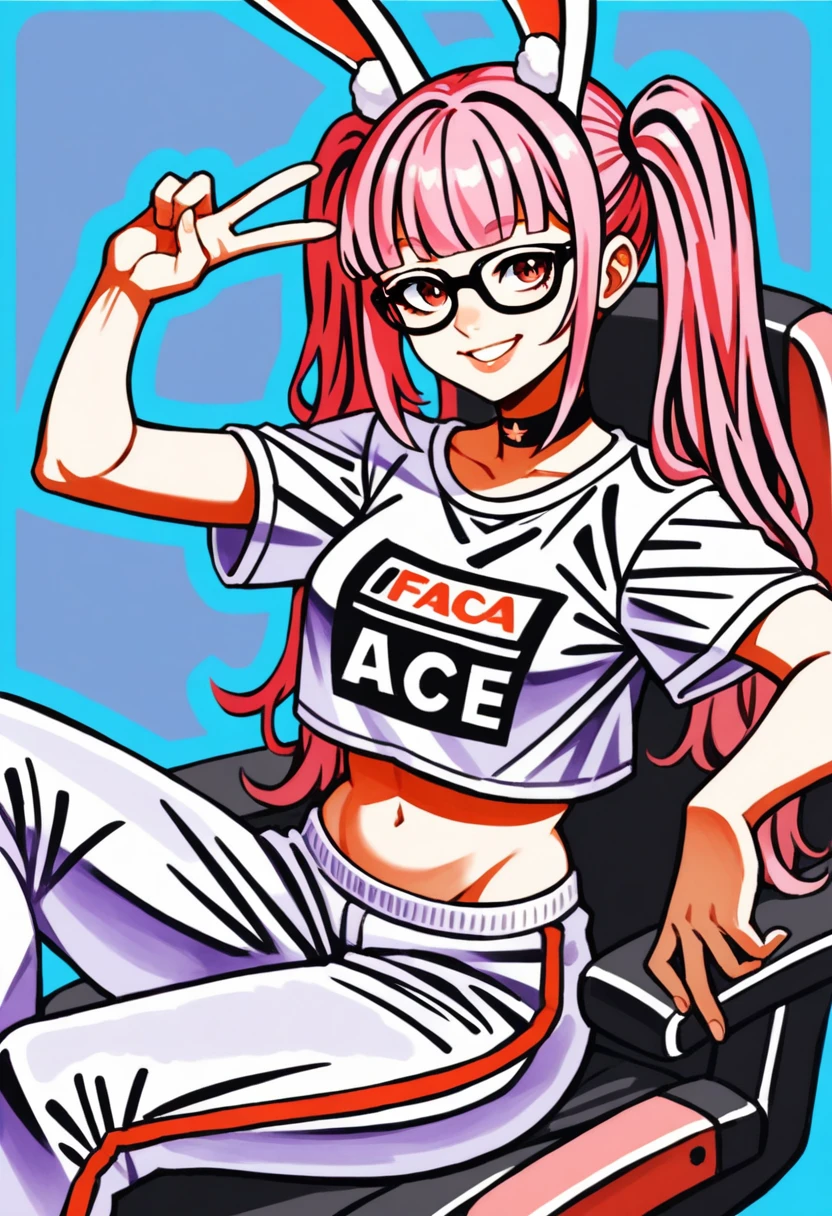 Masterpiece, perfect face, smile, vramslace, 1girl, solo, long hair, looking at viewer, bangs, shirt, navel, animal ears, twintails, pink hair, perfect hair, glasses, choker, midriff, pants, blunt bangs, rabbit ears, two-tone hair, lips, crop top, v, blue background, t-shirt, black-framed eyewear, print shirt, sitting, pink racing chair, white racing chair, multicoloured racing chair