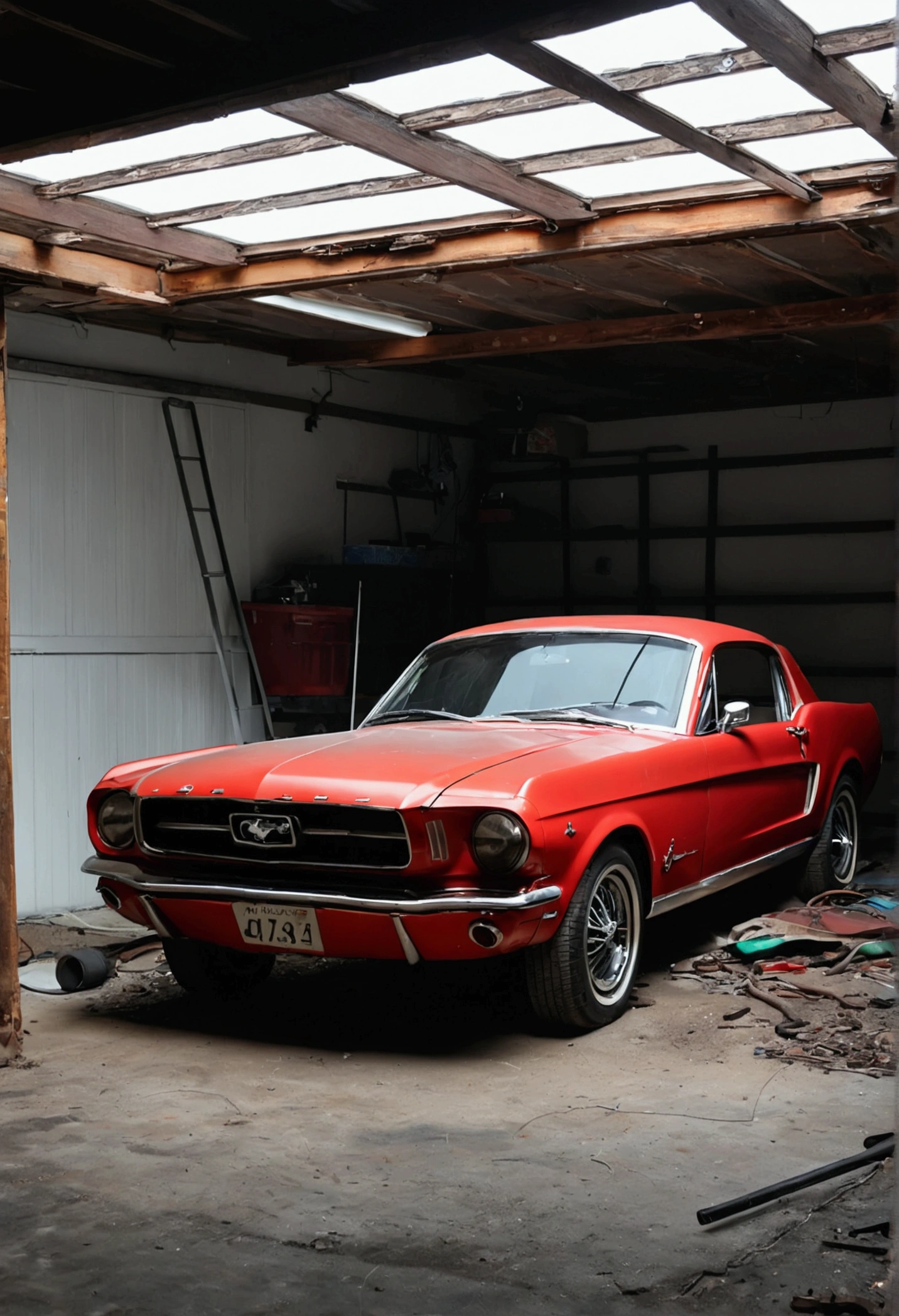 make a 67 mustang car abandoned in a garage 4k