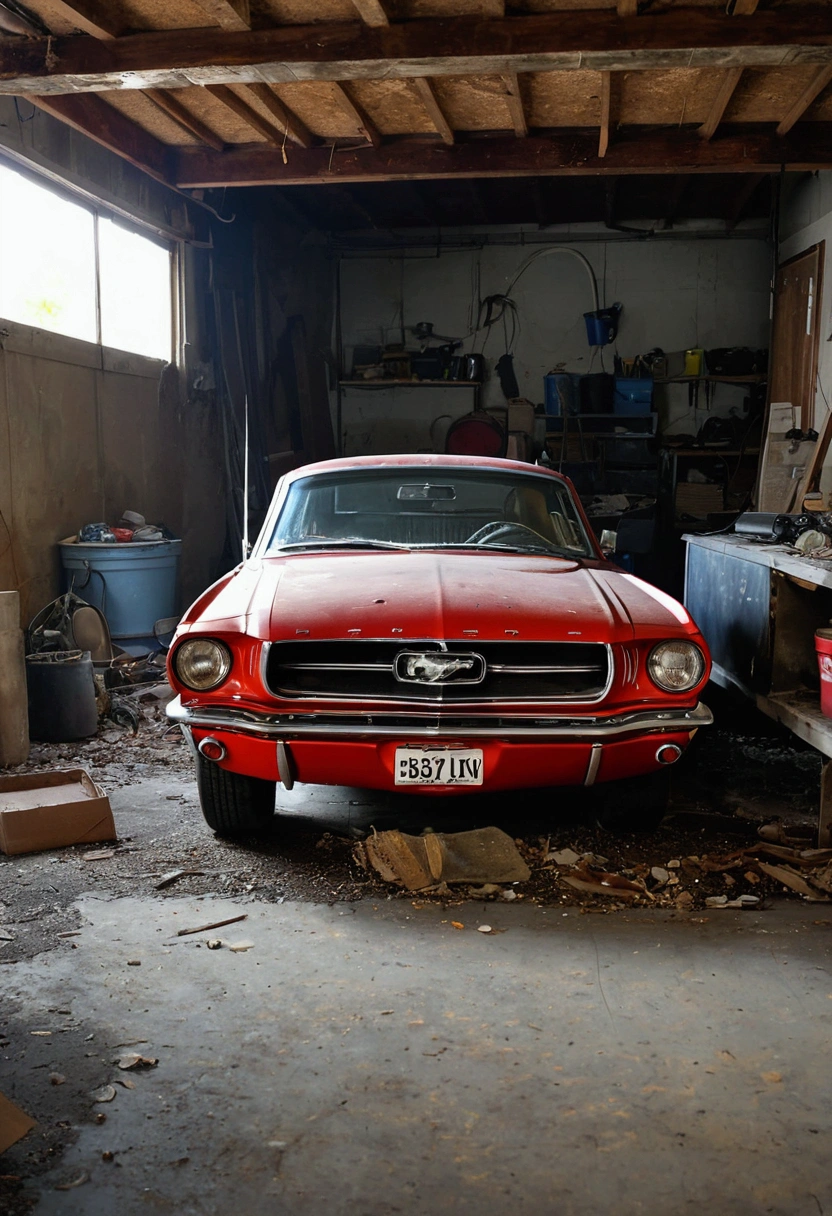 make a 67 mustang car abandoned in a garage 4k