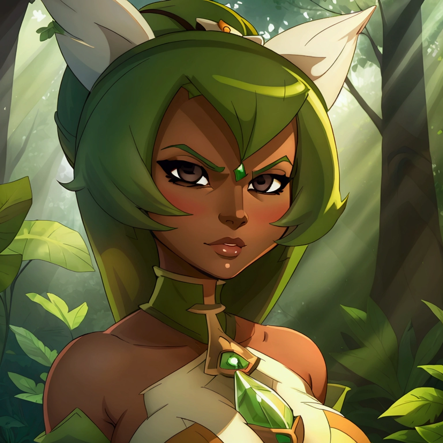 ((ultra quality)), ((masterpiece)), Amalia Sheran Sharm, Wakfu style, ((green medium long hair)), (Beautiful face), (beautiful female lips), (), charming, ((sexy facial expression)), looks at the camera, eyes slightly open, (skin color white), (White skin), glare on the body, ((detailed beautiful female eyes)), ((dark brown eyes)), (juicy female lips), (dark eyeliner), (beautiful female hands), ((ideal female figure)), ideal female body, beautiful waist, gorgeous thighs, beautiful medium breasts, ((subtle and beautiful)), sexy worth (), (green clothes Amalia Sheran Sharm - wakfu season 3) background: the forest, ((depth of field)), ((high quality clear image)), (clear details), ((high detail)), realistically, professional photo session, ((Clear Focus)), anime, giant ass, huge ass, big tits