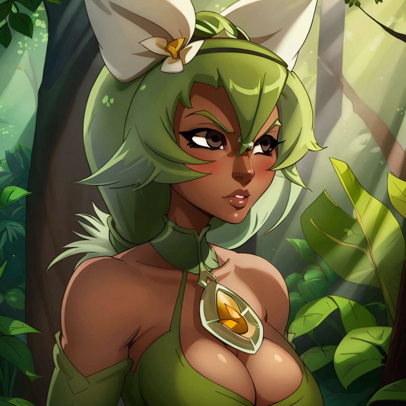 ((ultra quality)), ((masterpiece)), Amalia Sheran Sharm, Wakfu style, ((green medium long hair)), (Beautiful face), (beautiful female lips), (), charming, ((sexy facial expression)), looks at the camera, eyes slightly open, (skin color white), (White skin), glare on the body, ((detailed beautiful female eyes)), ((dark brown eyes)), (juicy female lips), (dark eyeliner), (beautiful female hands), ((ideal female figure)), ideal female body, beautiful waist, gorgeous thighs, beautiful medium breasts, ((subtle and beautiful)), sexy worth (), (green clothes Amalia Sheran Sharm - wakfu season 3) background: the forest, ((depth of field)), ((high quality clear image)), (clear details), ((high detail)), realistically, professional photo session, ((Clear Focus)), anime, giant ass, huge ass, big tits