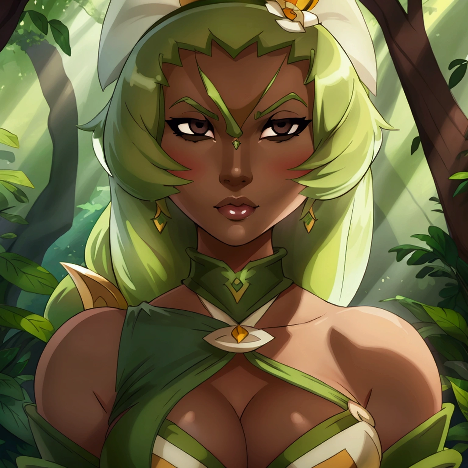 ((ultra quality)), ((masterpiece)), Amalia Sheran Sharm, Wakfu style, ((green medium long hair)), (Beautiful face), (beautiful female lips), (), charming, ((sexy facial expression)), looks at the camera, eyes slightly open, (skin color white), (White skin), glare on the body, ((detailed beautiful female eyes)), ((dark brown eyes)), (juicy female lips), (dark eyeliner), (beautiful female hands), ((ideal female figure)), ideal female body, beautiful waist, gorgeous thighs, beautiful medium breasts, ((subtle and beautiful)), sexy worth (), (green clothes Amalia Sheran Sharm - wakfu season 3) background: the forest, ((depth of field)), ((high quality clear image)), (clear details), ((high detail)), realistically, professional photo session, ((Clear Focus)), anime, giant ass, huge ass, big tits