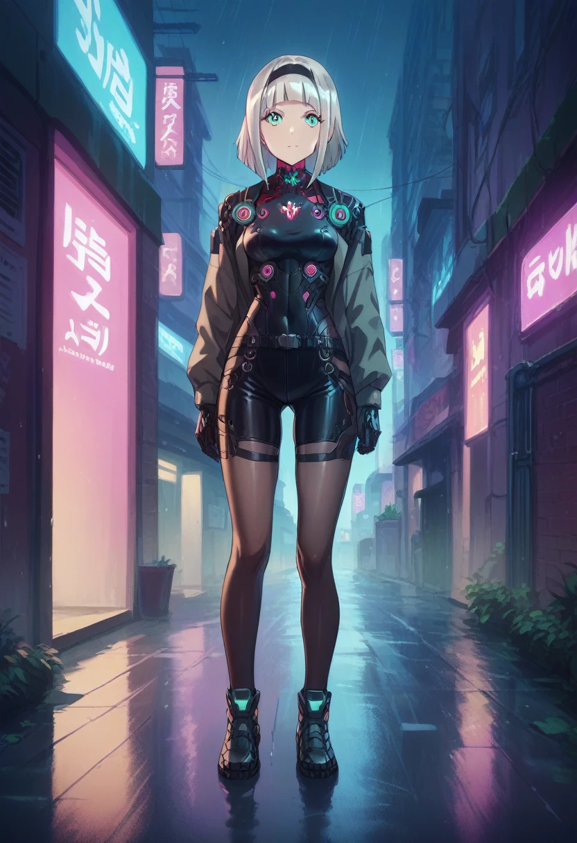 Anna nishikinomiya with the same female body but with black Cyborg armor, from torso to feet, showing the whole body (slim), in a raining alley of a cyberpunk city, while placing a robotic glove on his left hand 