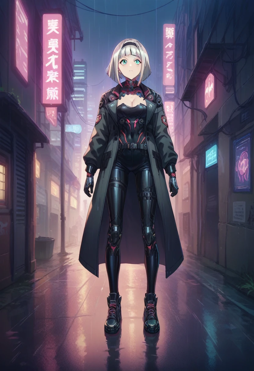 Anna nishikinomiya with the same female body but with black Cyborg armor, from torso to feet, showing the whole body (slim), in a raining alley of a cyberpunk city, while placing a robotic glove on his left hand 