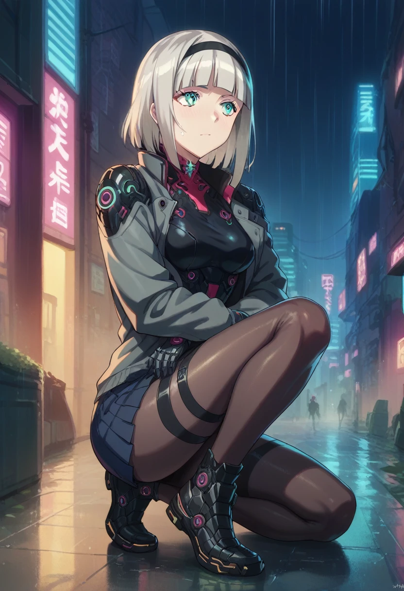 Anna nishikinomiya with the same female body but with black Cyborg armor, from torso to feet, showing the whole body (slim), in a raining alley of a cyberpunk city, while placing a robotic glove on his left hand 