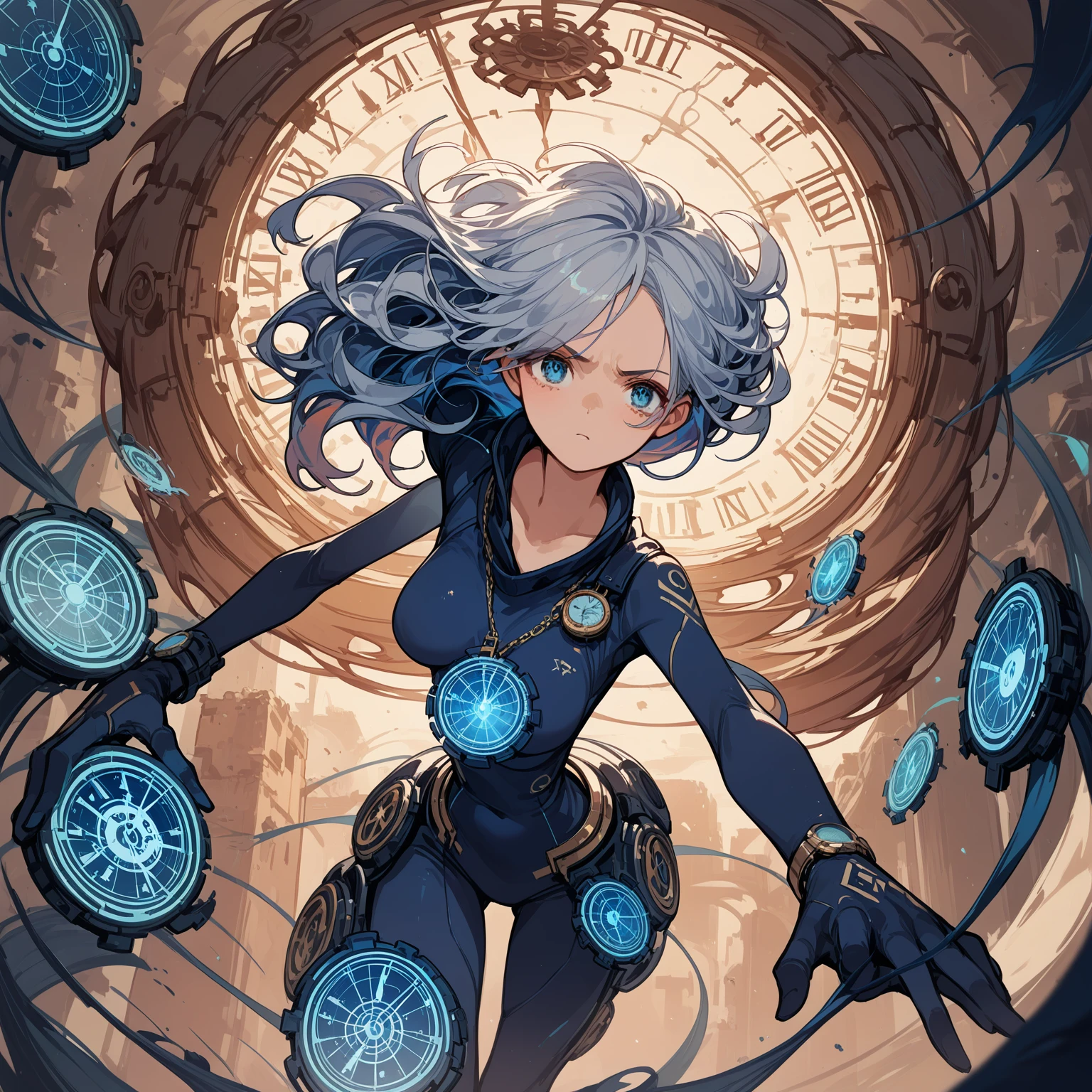 A determined and focused girl with a calm intensity in her eyes, (nude:0.8), slightly distant as if seeing through time. She has long, flowing hair with streaks of silver and blue that shimmer and change with the light. Her deep blue eyes have flecks of gold, symbolizing her connection to infinite timelines. She wears a form-fitting, high-tech bodysuit in shades of midnight blue and silver, adorned with clock gear and constellation patterns. In a dynamic, slightly crouched position, one foot forward as if stepping through a portal. Her right hand extends forward, fingers splayed and glowing with ethereal light, while her left hand cradles an antique pocket watch close to her chest. Surrounded by swirling, translucent time streams that shimmer with iridescent colors. The background is a swirling vortex of temporal energy, with fragments of ancient ruins, futuristic cities, and natural landscapes blending seamlessly. The colors are vibrant and constantly shifting, creating a surreal and timeless environment. She exudes confidence and mastery over her time-manipulating powers, with a semi-transparent, shifting cape trailing behind her, detailed gorgeous face| anime style| key visual| intricate detail| highly detailed| breathtaking| vibrant| panoramic| cinematic| Carne Griffiths| Conrad Roset| gibbli 8k