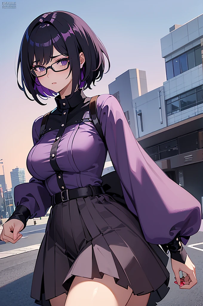 ((best quality)), ((masterpiece)), (detailed), perfect face Create an anime woman with short black hair with purple tips, that has black eyes, to wear glasses, that she is short and has wide hips and that she has a bite from her partner on her neck