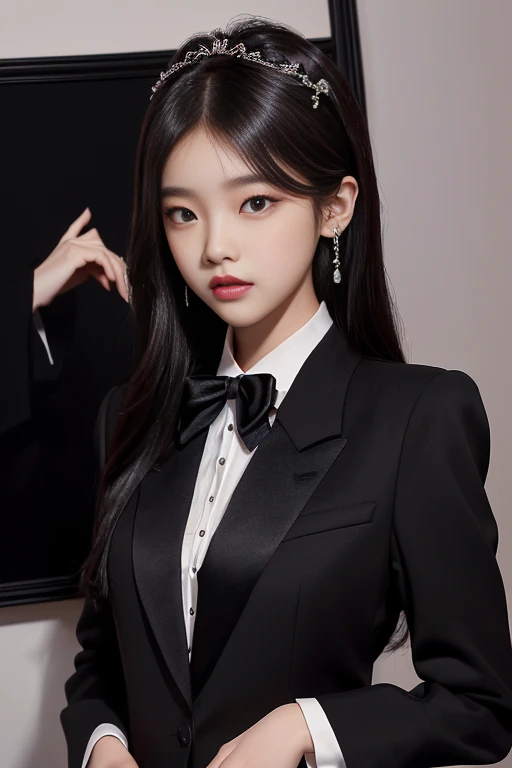 There is a woman in a black suit and tie posing for a photo, portrait of jossi de blackpink, jinyoung shin, Jaeyeon Nam, korean idol woman portrait, ulzzang, Hwang Se - En, Bae Suzy, Heonhwa Choe, Lee Ji Eun, lee ji-eun, sun yunjoo, jossi de blackpink