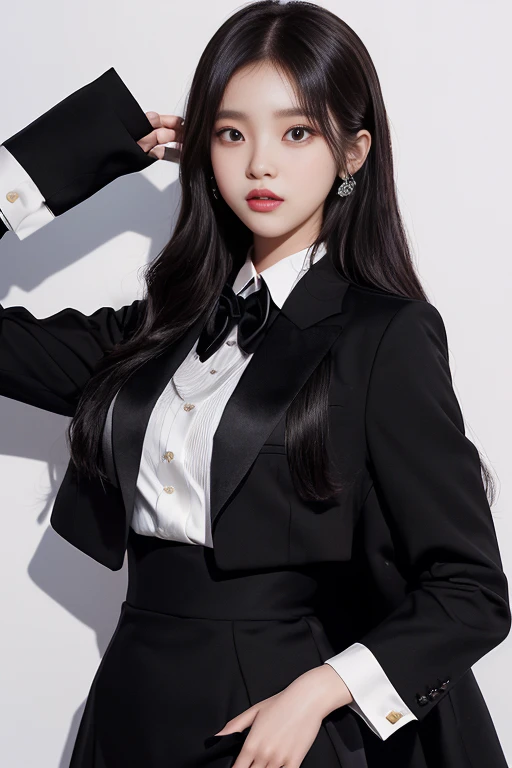 There is a woman in a black suit and tie posing for a photo, portrait of jossi de blackpink, jinyoung shin, Jaeyeon Nam, korean idol woman portrait, ulzzang, Hwang Se - En, Bae Suzy, Heonhwa Choe, Lee Ji Eun, lee ji-eun, sun yunjoo, jossi de blackpink