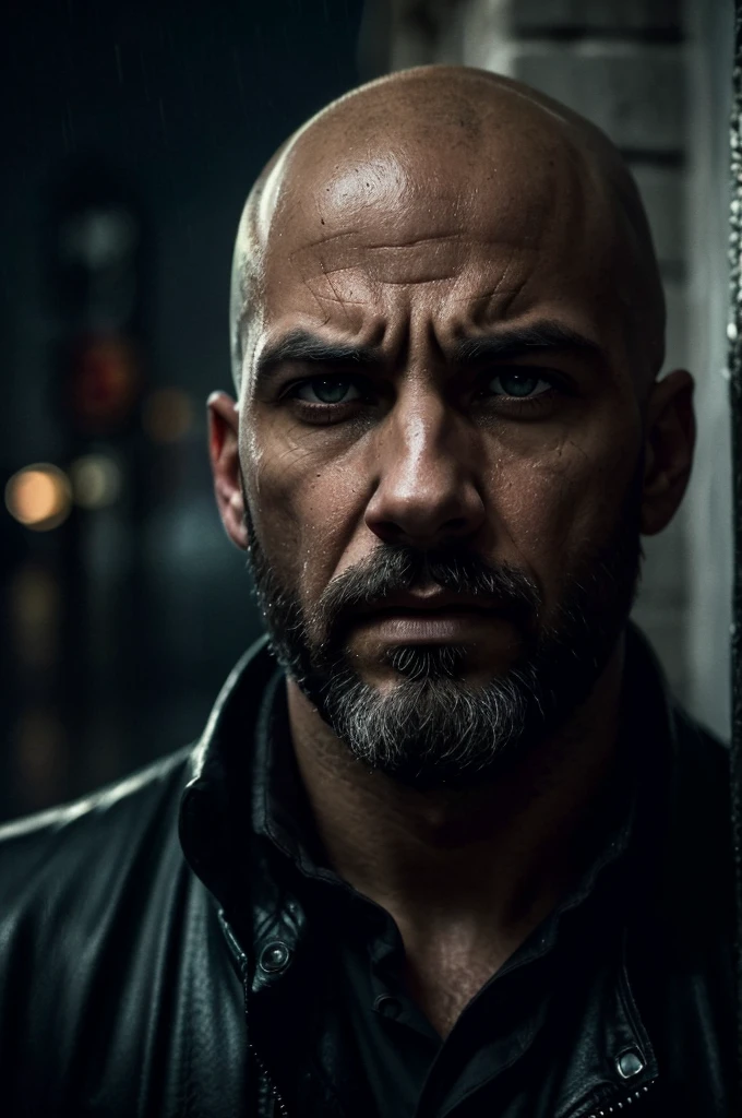 colbey:A bald man with a gun black scruffy beard:1.1) (intensely focused gaze, piercing eyes) (detailed facial features, defined nose and lips) (Threatening atmosphere) (dark shadows and dramatic lighting) (hight contrast:1.1) (gritty texture) (intense and suspenseful:1.1) (full of action) (dynamic composition) (cinematic vibe) (Shallow depth of field) (dramatic bokeh) (film noir style) (dark, moody color palette) (captivating and mysterious) (night setting) (Urban setting) (rain-soaked streets) (Tense and suspenseful atmosphere:1.1) (impacto emocional) (intense narrative) (provocative and thought-provoking) (impressive and impactful) (work of art:1.2), (high resolution:4K), (realisitic:1.37), (proffesional) (scene hiding on a wall waiting to attack a soldier) INFO walking in the rain at night, new orleans