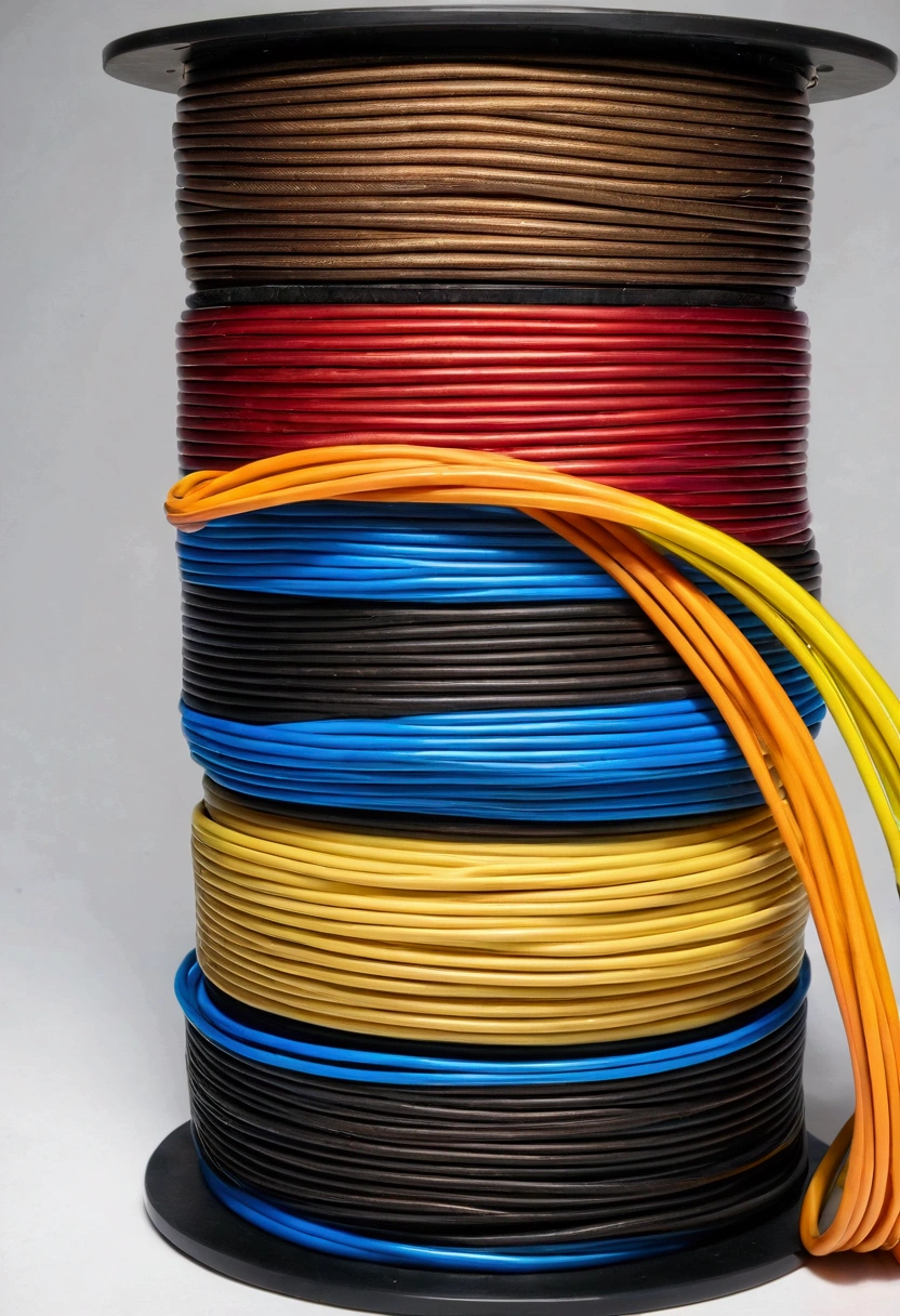 Create a high-resolution image combining elements from two images of automotive flexible wire. Feature two columns of neatly stacked wire coils, each with five coils, and a realistic spool of cable with exposed wires. Arrange the coils in two columns:

In the left column, from top to bottom: gray, purple, brown, yellow, and blue. In the right column, from top to bottom: red, white, orange, black, and green. Each coil should be tightly wound with vivid, distinct colors. The background should be plain white to emphasize the colors and details of the wires. Natural lighting should cast subtle, realistic shadows for depth. Coils should have consistent thickness, perfectly aligned, with clear edges.

Place a spool of black cable in the foreground, slightly to the right. The spool should be wooden, with the cable wound neatly. The exposed end of the cable should show copper wires with red, blue, and green insulation. The cable should have a slight shine, and the exposed wires should have a realistic metallic sheen. The background should remain plain white to highlight the details of the spool and wires.
