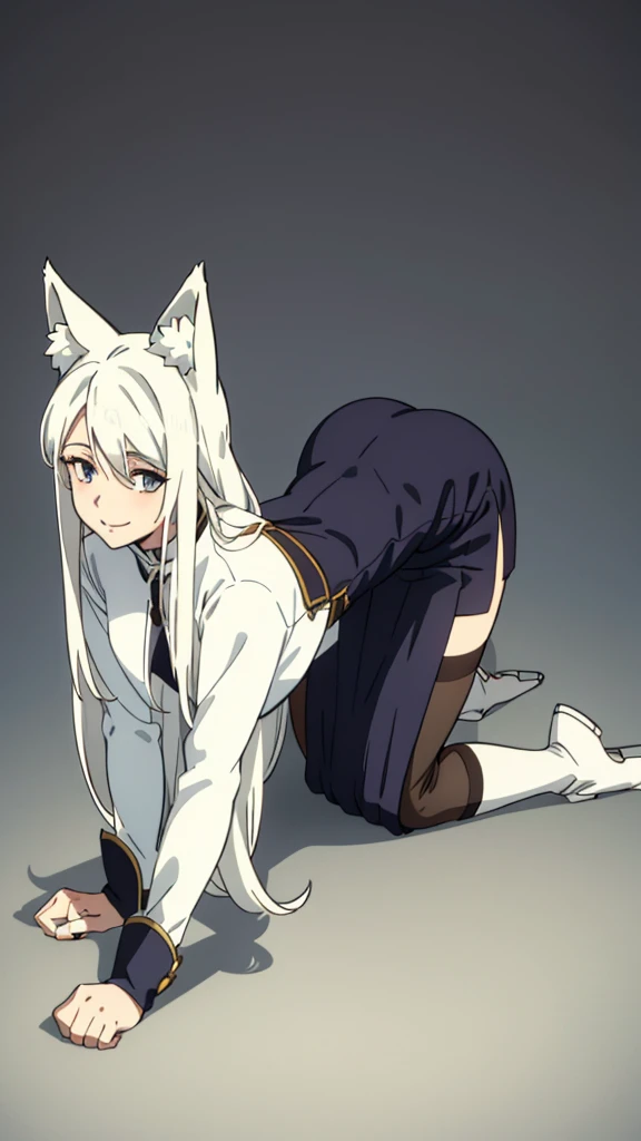 1girl ,solo,20s,mature female,white hair,long hair,fox ears,(simple background),white shirt,white skirt,smile, all fours,crawling