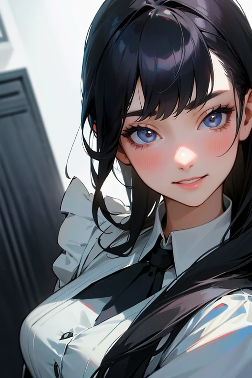 (Highest Resolution, clear_image) Highest quality, single, One woman, alone, masterpiece, Very detailed, Semi-realistic, Black Hairのショートヘア, Black Hair, bangs, 18-year-old, mature, Light blue , Indoor Background, kind, Authoritative, Powerful, exquisite features, exquisite features、Eyelashes become longer、Showing teeth、smile😀、Maid clothes、woman'Fingers in the、Sleeping on the sofa、Long Hair、Fluttering in the wind、((Off-the-shoulder clothing))