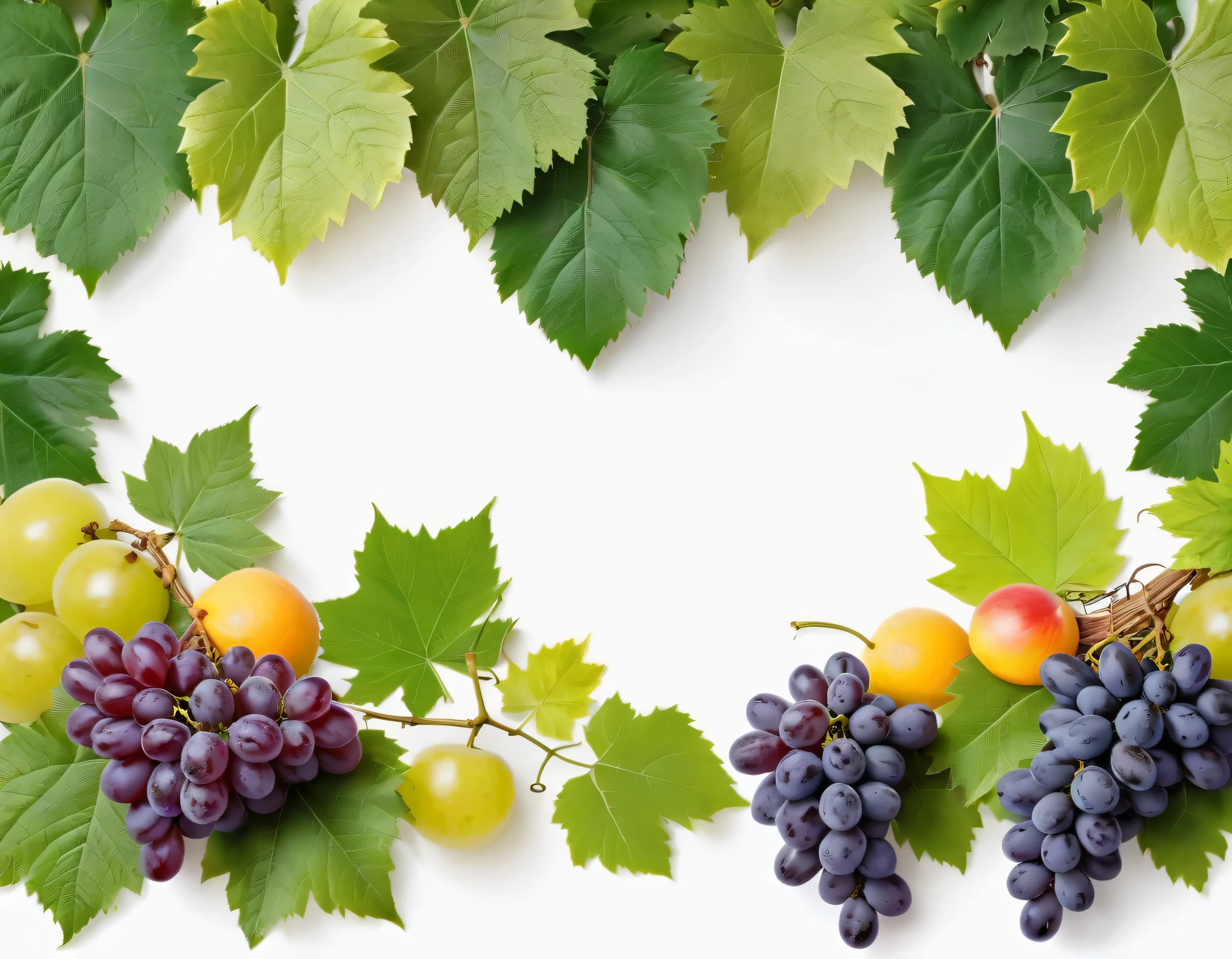 White background, fruit and grape leaves and leaves are in the corner of the white background,