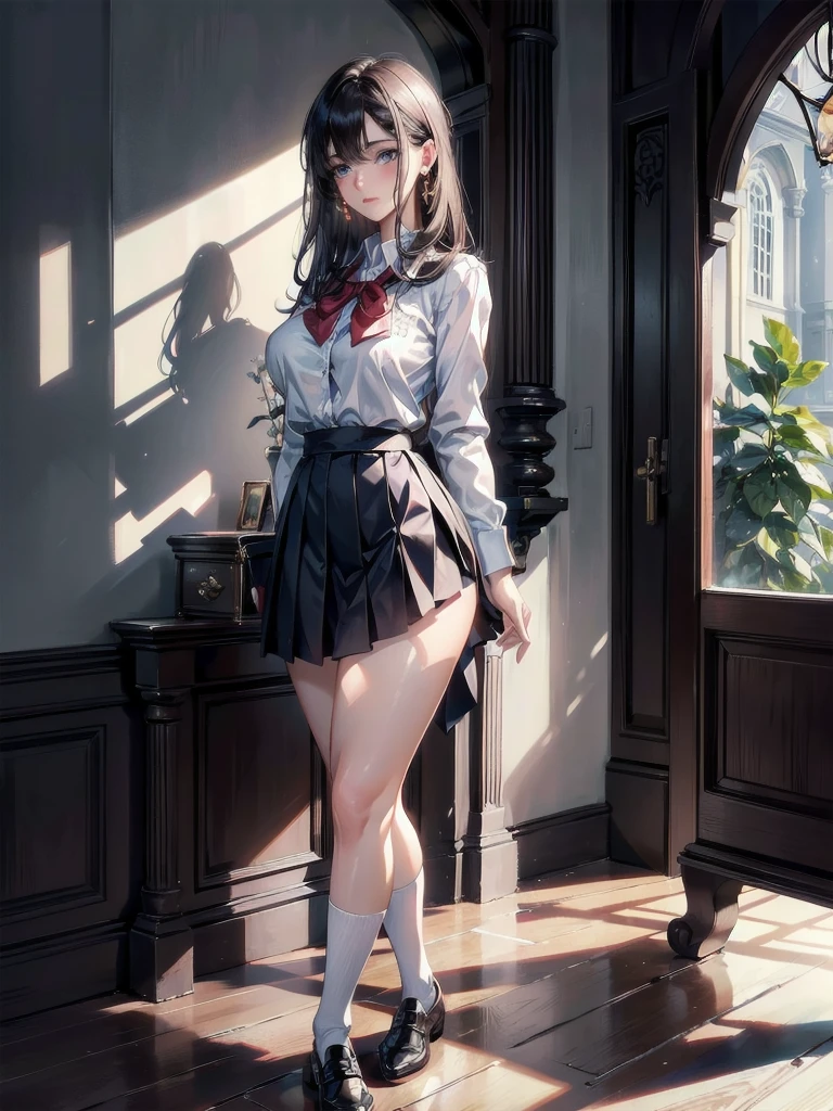 absurdres, RAW photo, extremely delicate and beautiful, masterpiece, Best Quality, ultra high resolution, 32k, hyperrealistic, ultra-detailed, perfect anatomy, super Detailed skin, perfect figure, Super Beauty, Perfect Style, Perfect balance, Beautiful Lighting, Perfect Lightning, Realistic Shadows, 20 years old, very Slim body, narrow waist, very small head, very small face, delicate facial features, handsome detailed woman, very detailed eyes and face, realistic face proportions, Realistic beautiful face, Realistic beautiful eyes, tearful mole, earring, very huge round breasts, legs, medium hair, full body shot, indoor, ((school_uniform)),